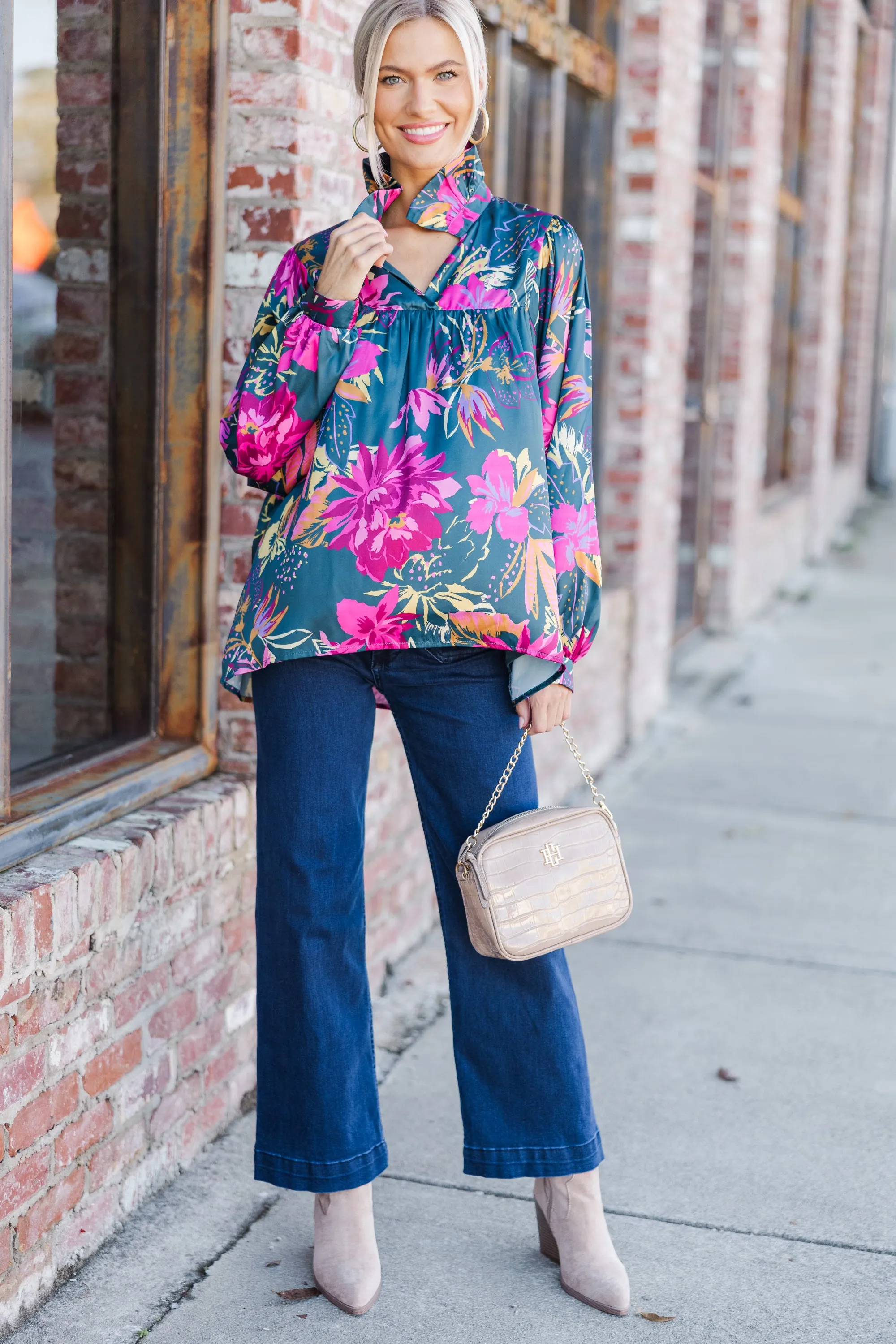 Always With Love Pink & Teal Floral Blouse