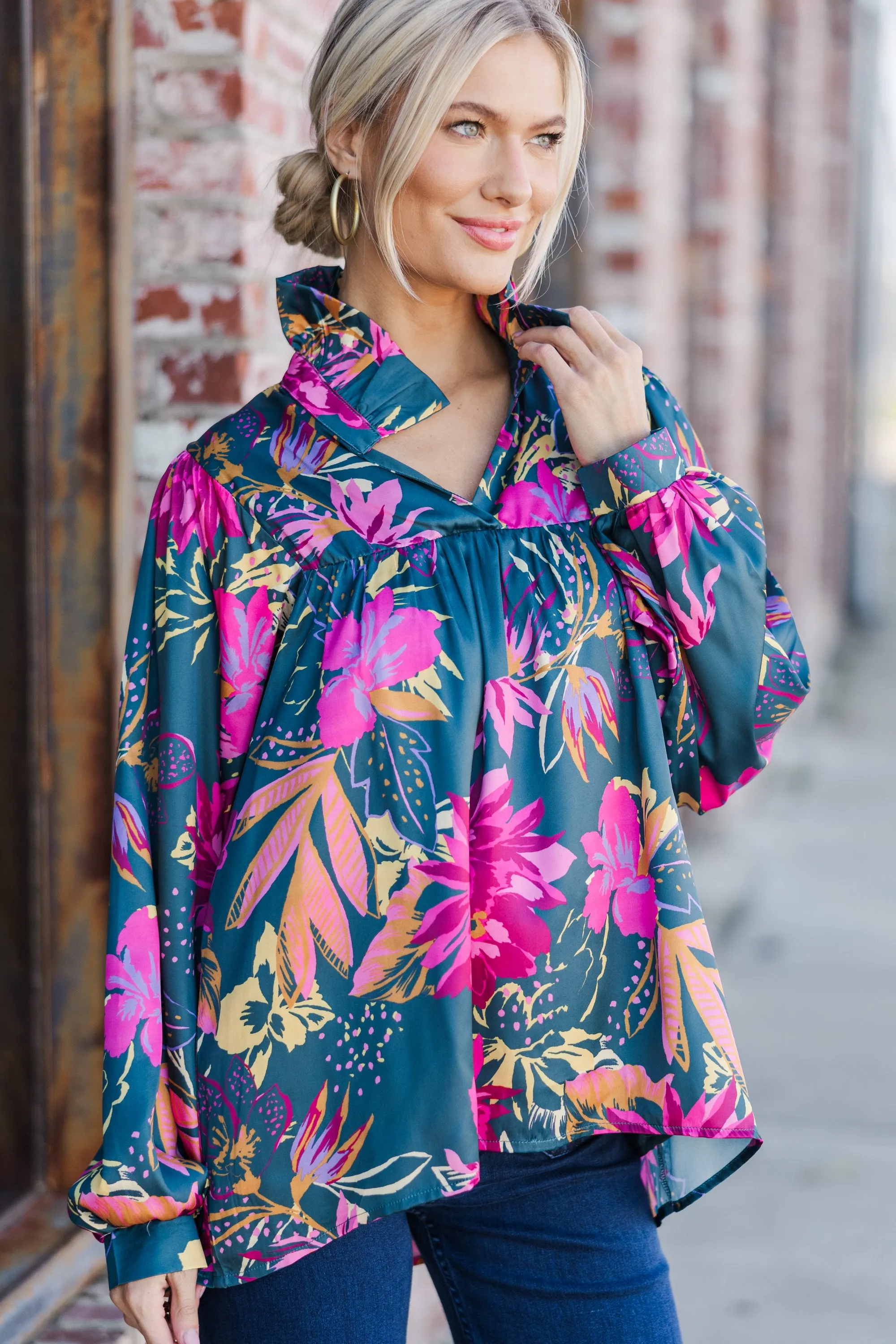 Always With Love Pink & Teal Floral Blouse
