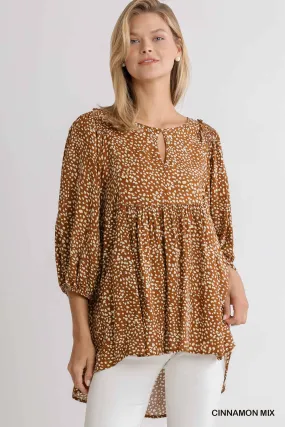 Animal Print 3/4 Sleeve Babydoll Top with Keyhole Front and Smocked Shoulder Detail