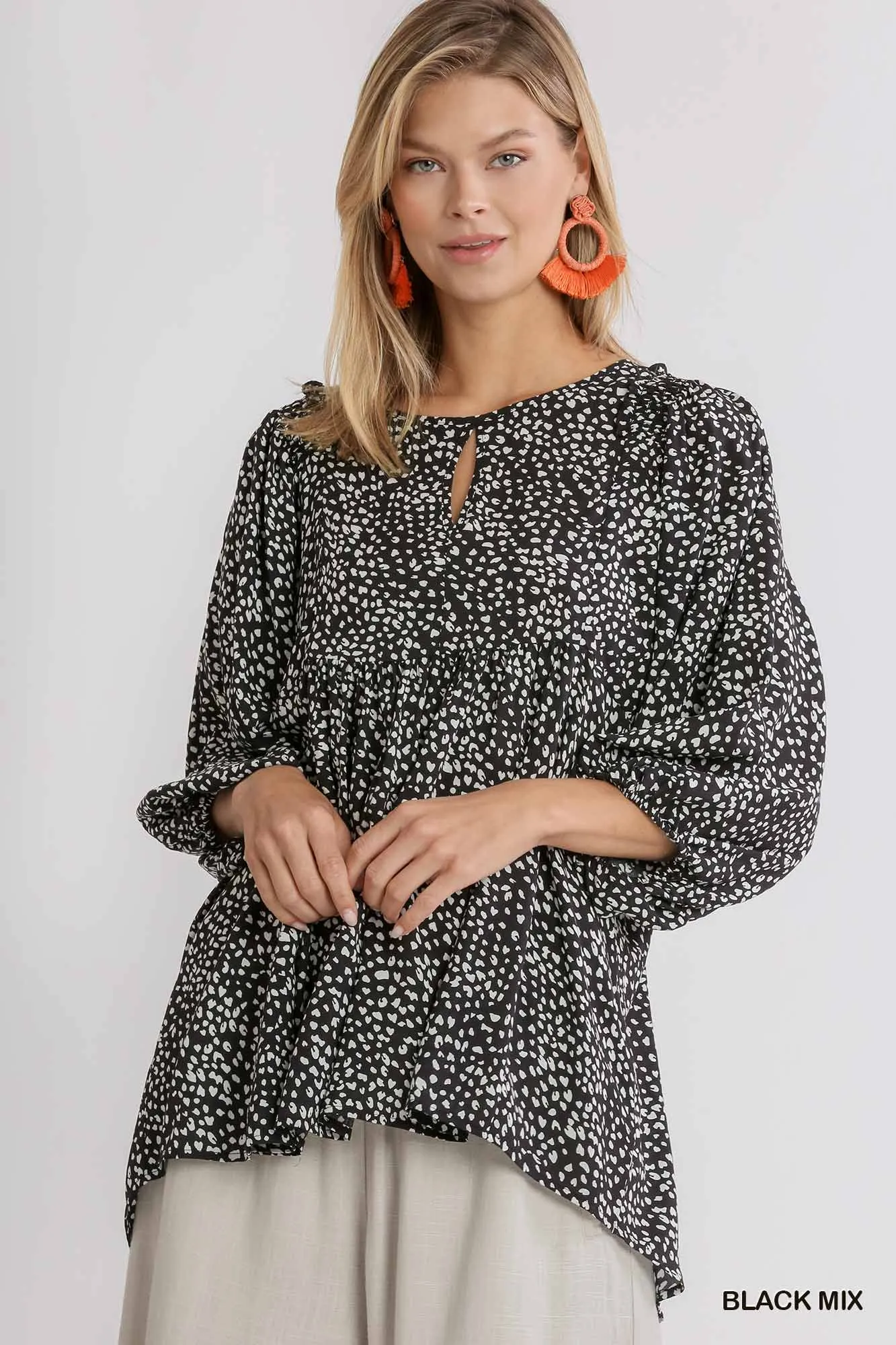 Animal Print 3/4 Sleeve Babydoll Top with Keyhole Front and Smocked Shoulder Detail