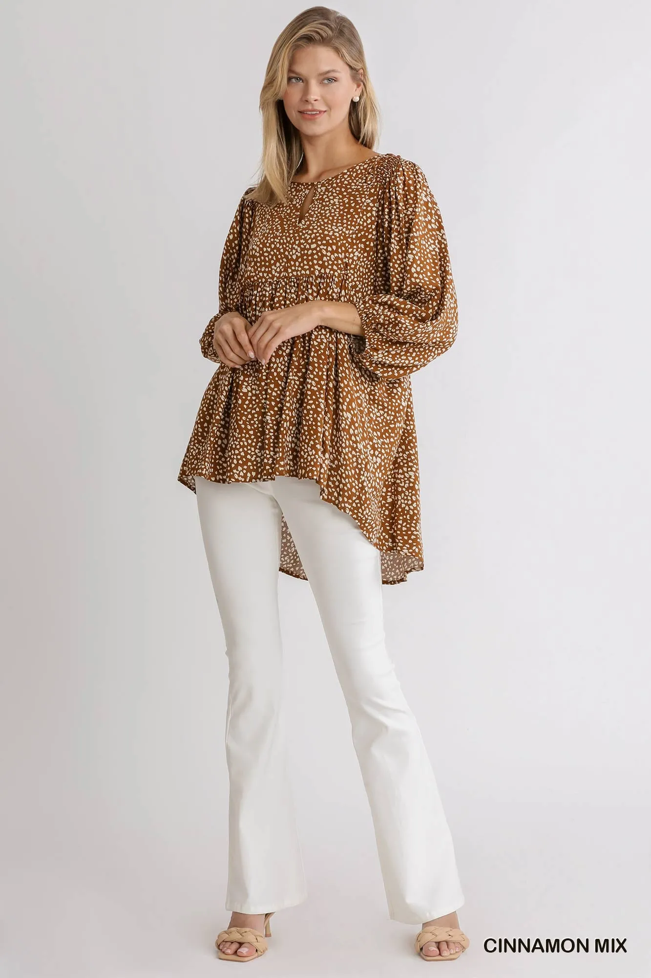 Animal Print 3/4 Sleeve Babydoll Top with Keyhole Front and Smocked Shoulder Detail
