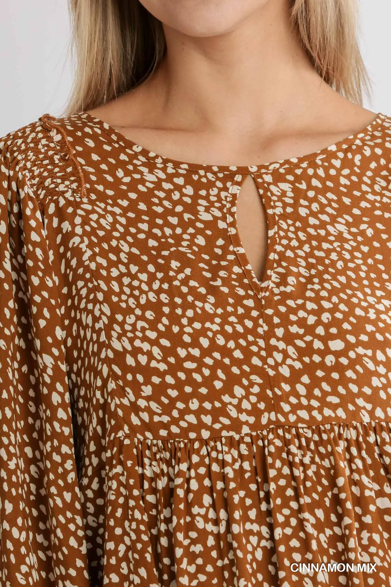 Animal Print 3/4 Sleeve Babydoll Top with Keyhole Front and Smocked Shoulder Detail
