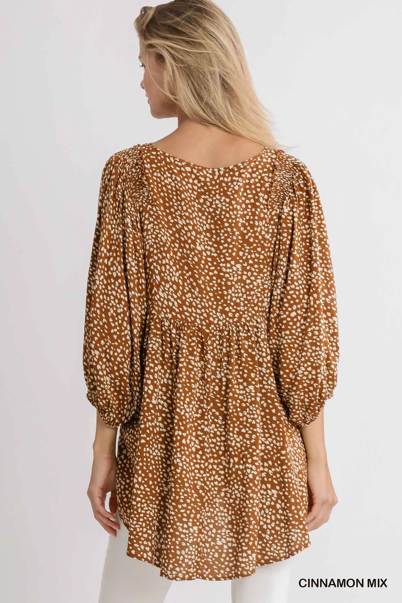 Animal Print 3/4 Sleeve Babydoll Top with Keyhole Front and Smocked Shoulder Detail