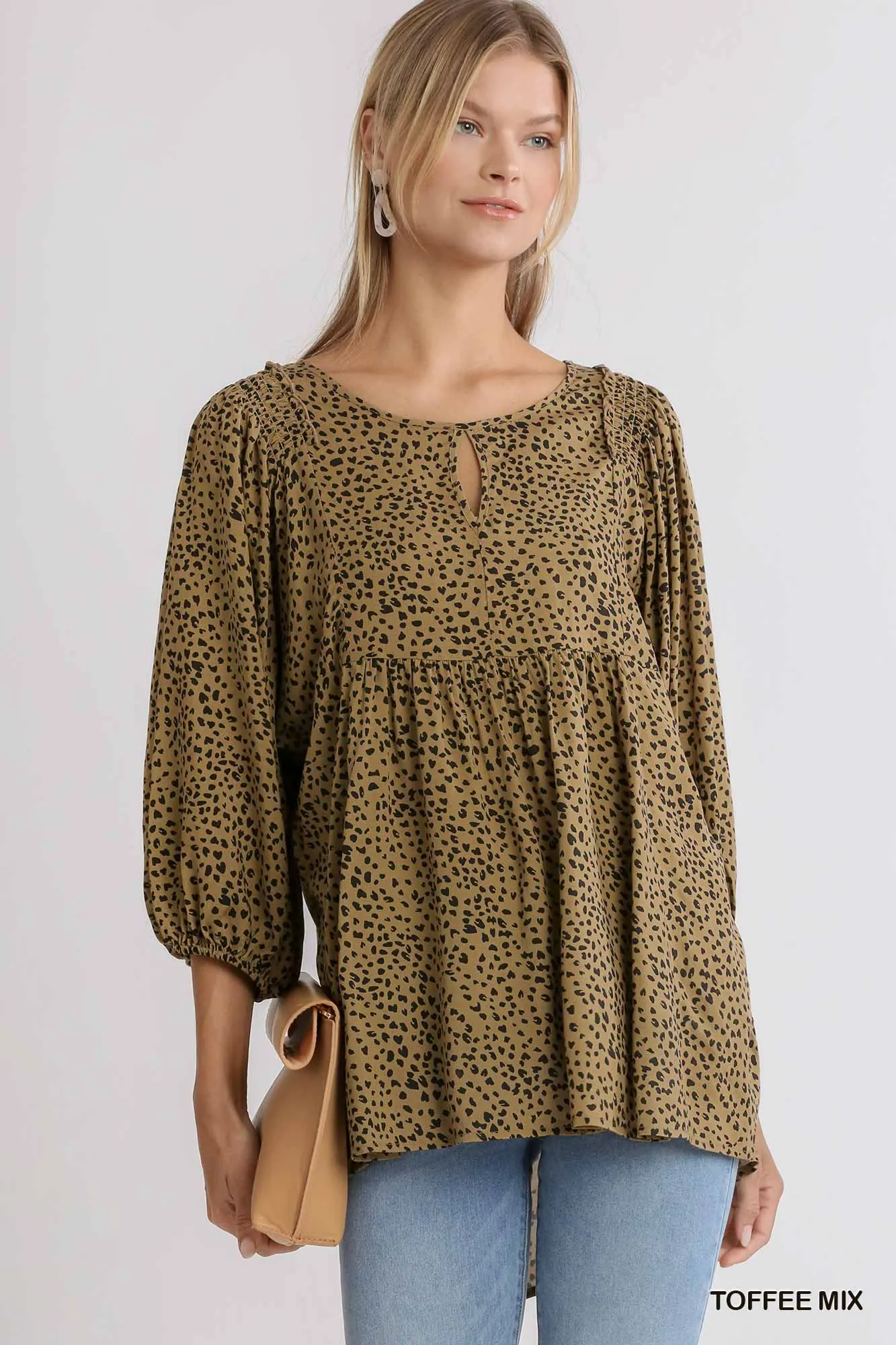 Animal Print 3/4 Sleeve Babydoll Top with Keyhole Front and Smocked Shoulder Detail