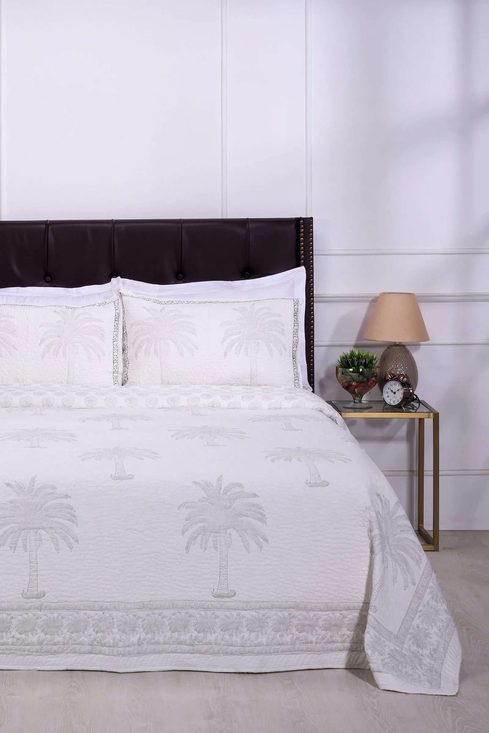 Anoob Palm Tree Hand Block Printed Grey Quilted Cotton Bedcover