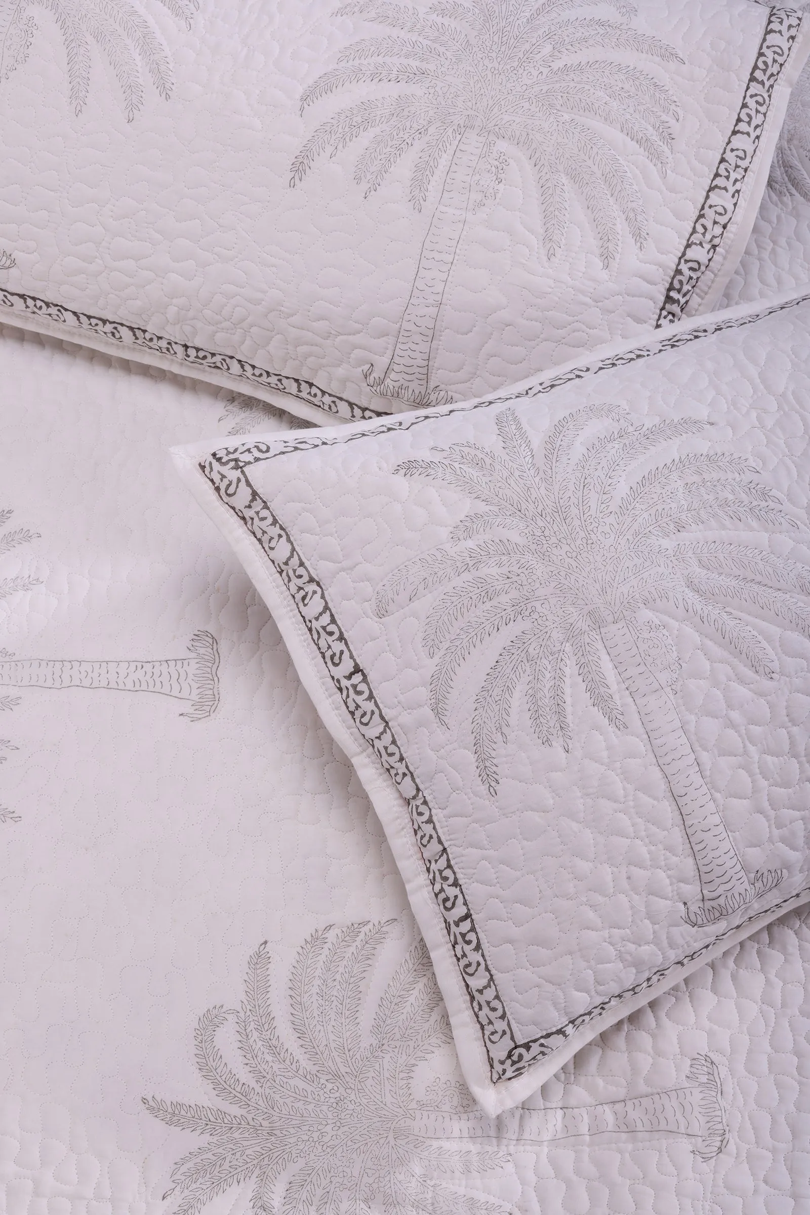 Anoob Palm Tree Hand Block Printed Grey Quilted Cotton Bedcover