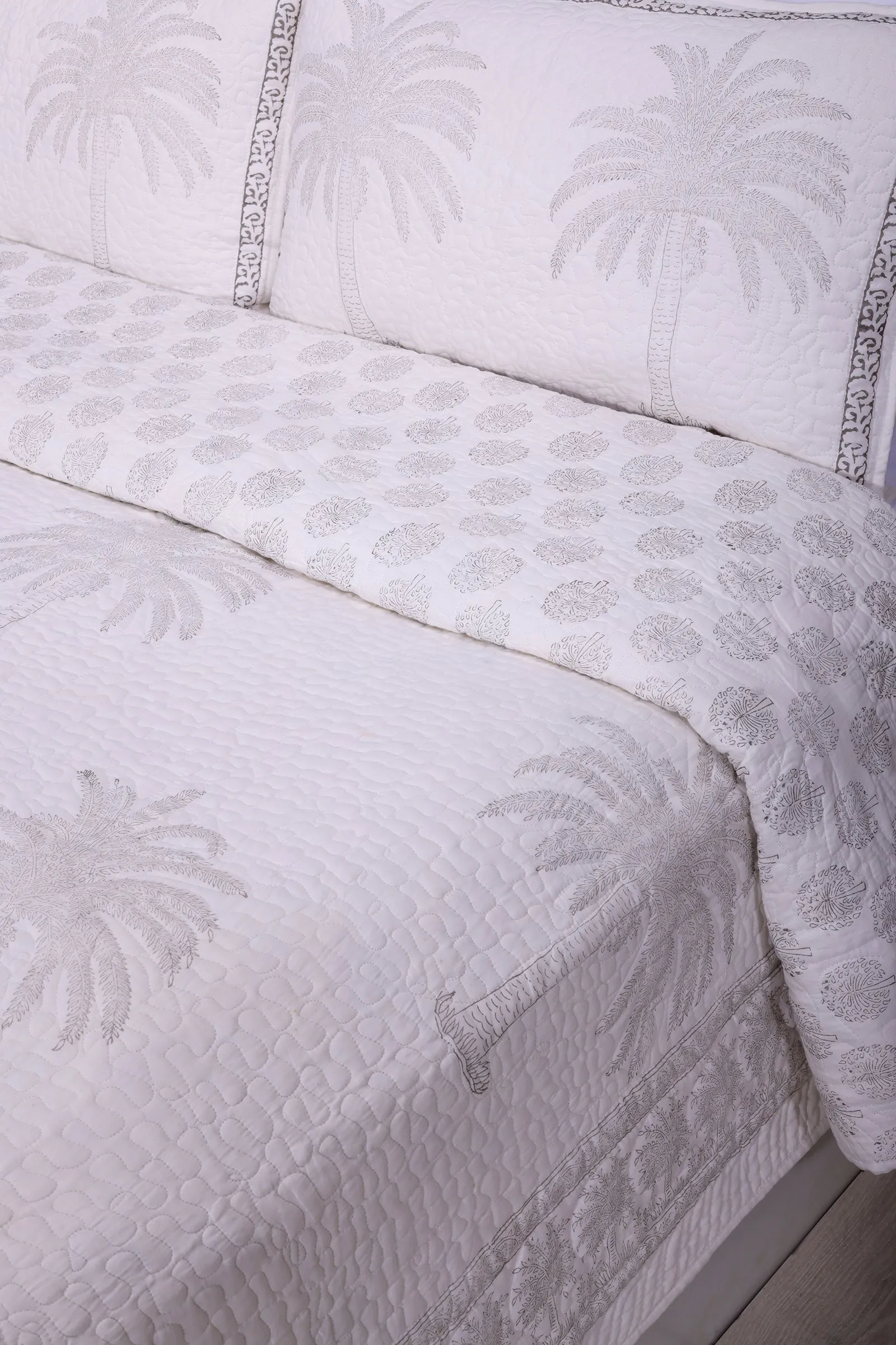 Anoob Palm Tree Hand Block Printed Grey Quilted Cotton Bedcover