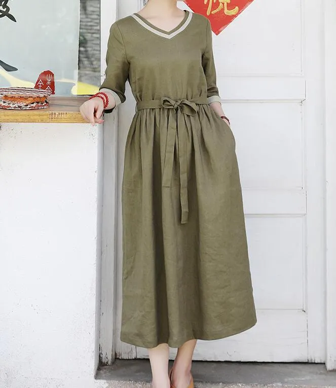 Army Green  Women Dresses Ramie Casual Spring Linen Women Dresses SSM97215