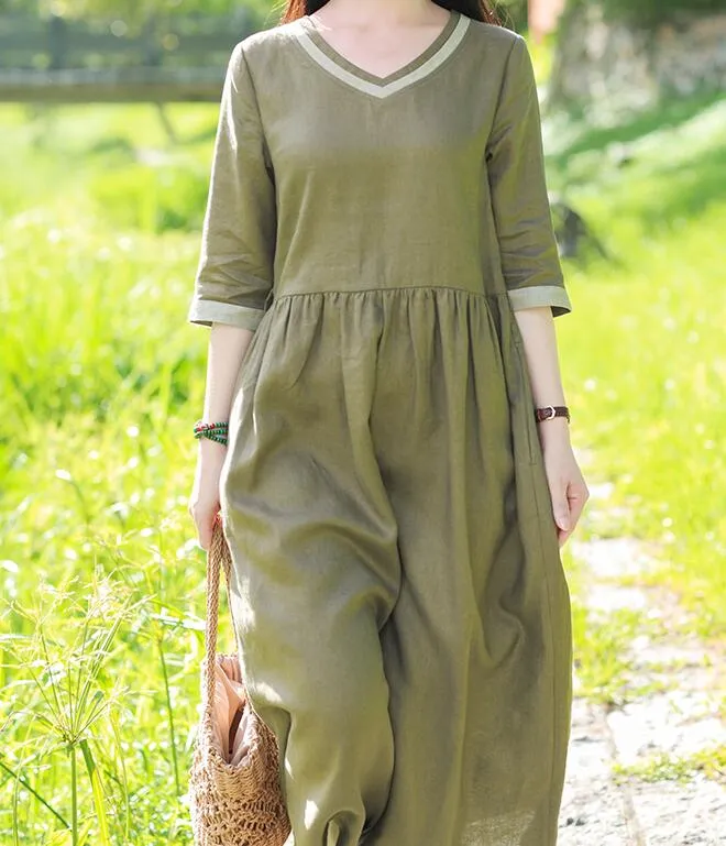 Army Green  Women Dresses Ramie Casual Spring Linen Women Dresses SSM97215