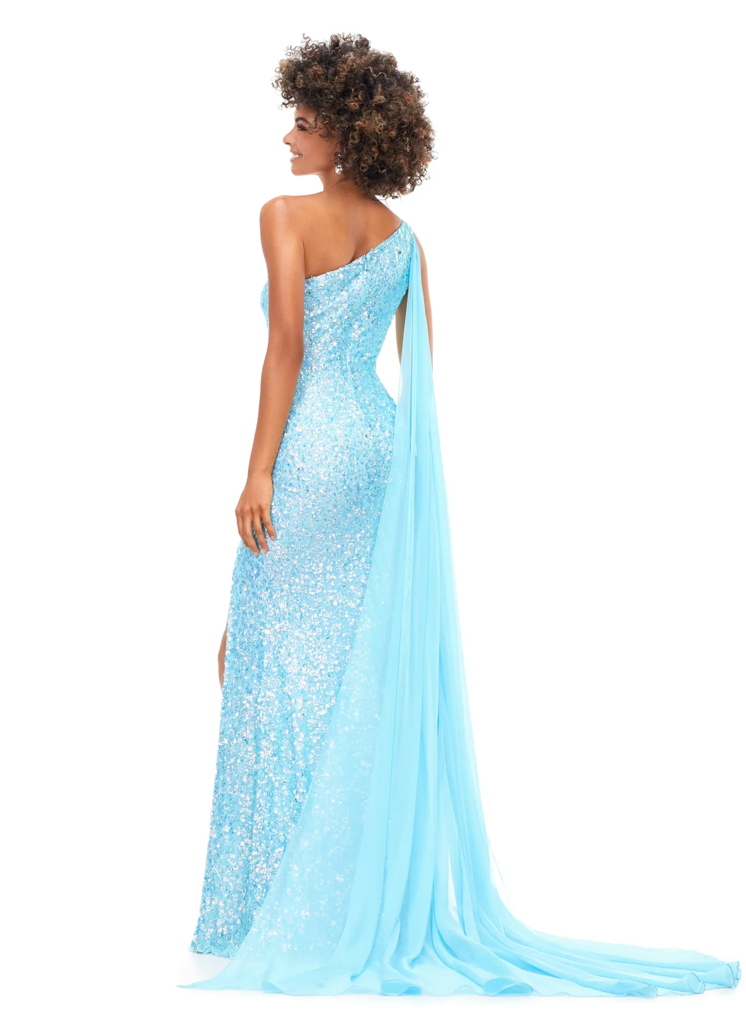 Ashley Lauren 11371 One Shoulder Prom Dress fully Sequence With Shoulder Cape