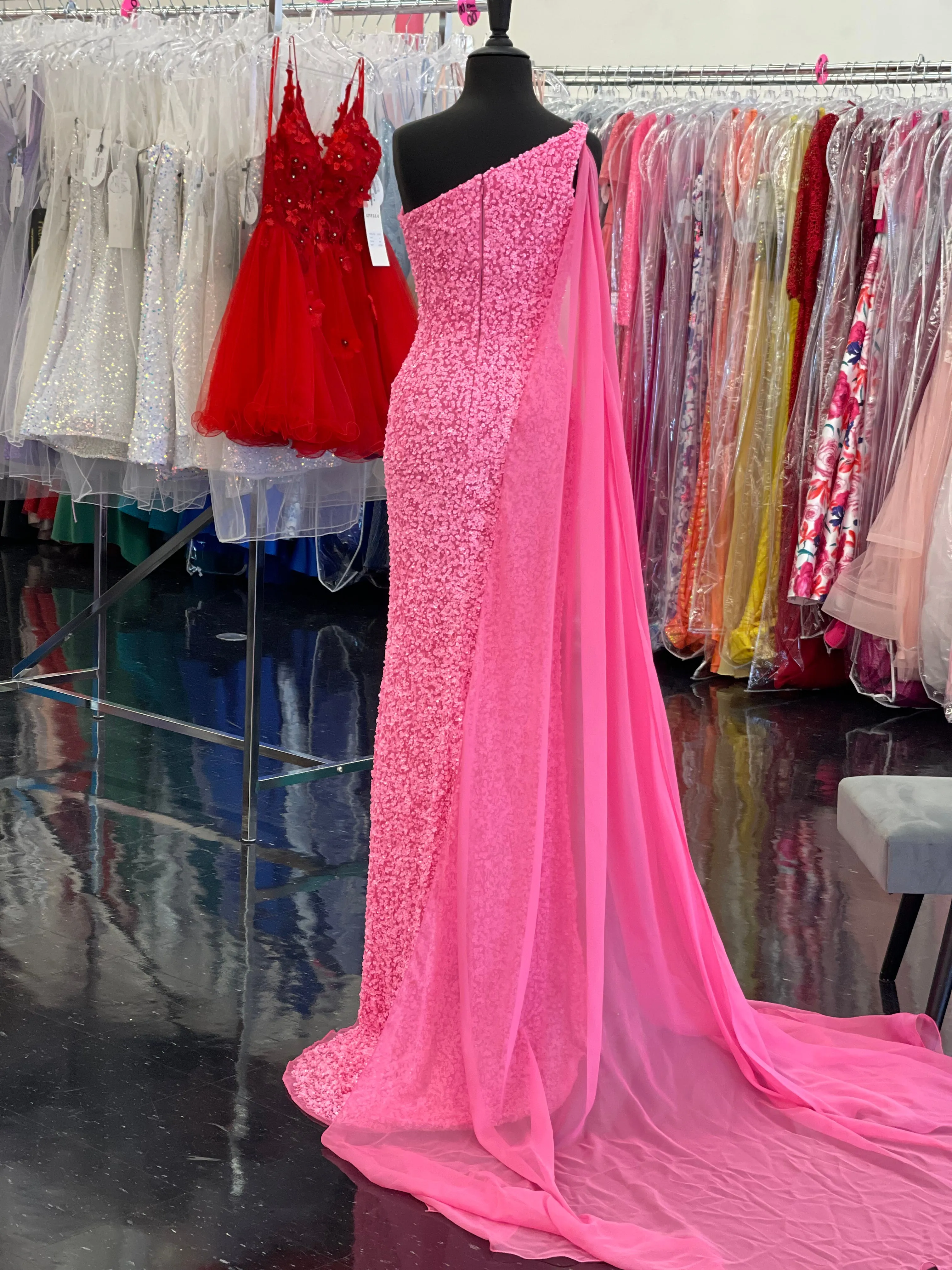 Ashley Lauren 11371 One Shoulder Prom Dress fully Sequence With Shoulder Cape