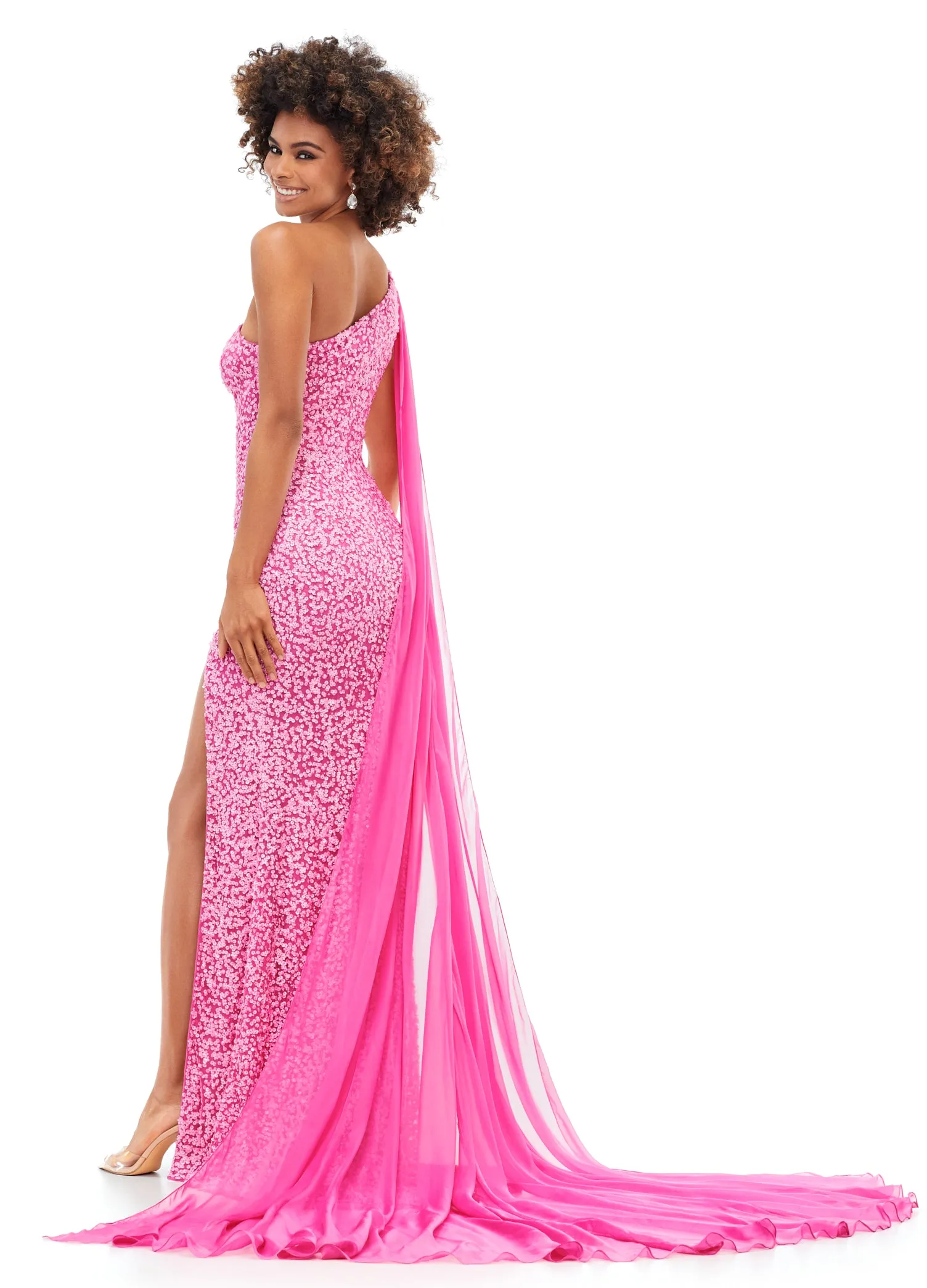 Ashley Lauren 11371 One Shoulder Prom Dress fully Sequence With Shoulder Cape