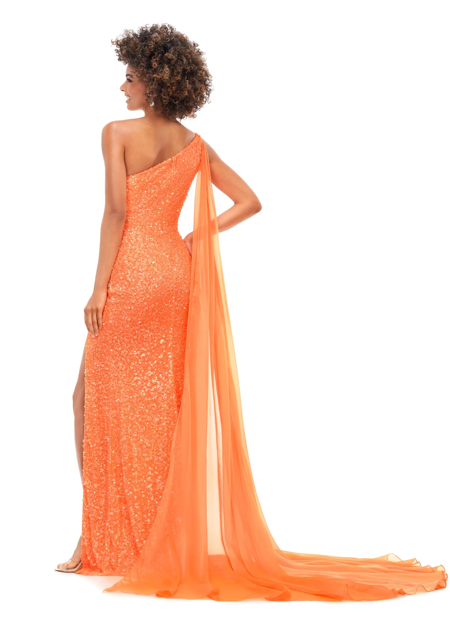 Ashley Lauren 11371 One Shoulder Prom Dress fully Sequence With Shoulder Cape
