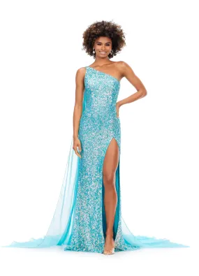 Ashley Lauren 11371 One Shoulder Prom Dress fully Sequence With Shoulder Cape