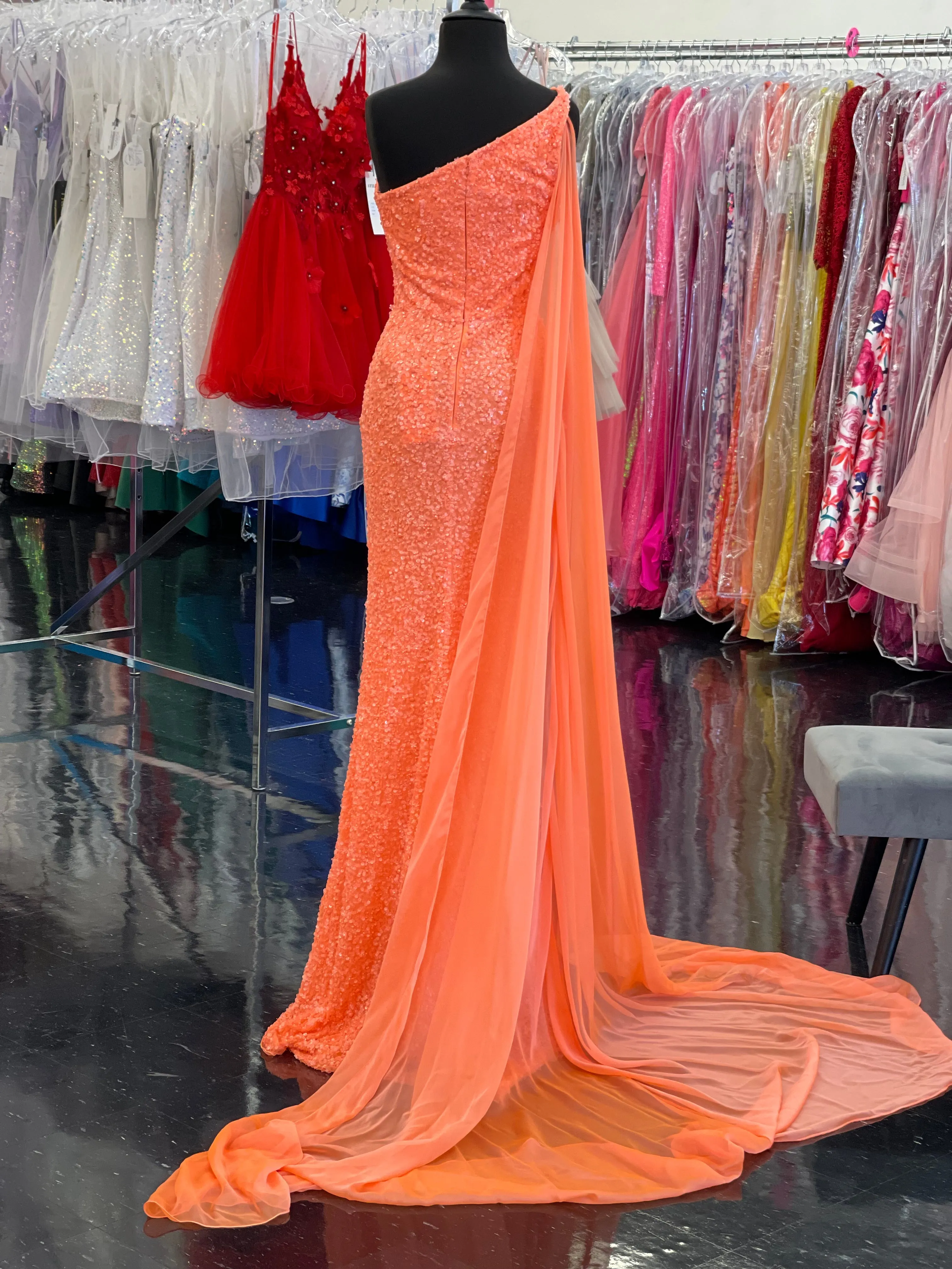Ashley Lauren 11371 One Shoulder Prom Dress fully Sequence With Shoulder Cape