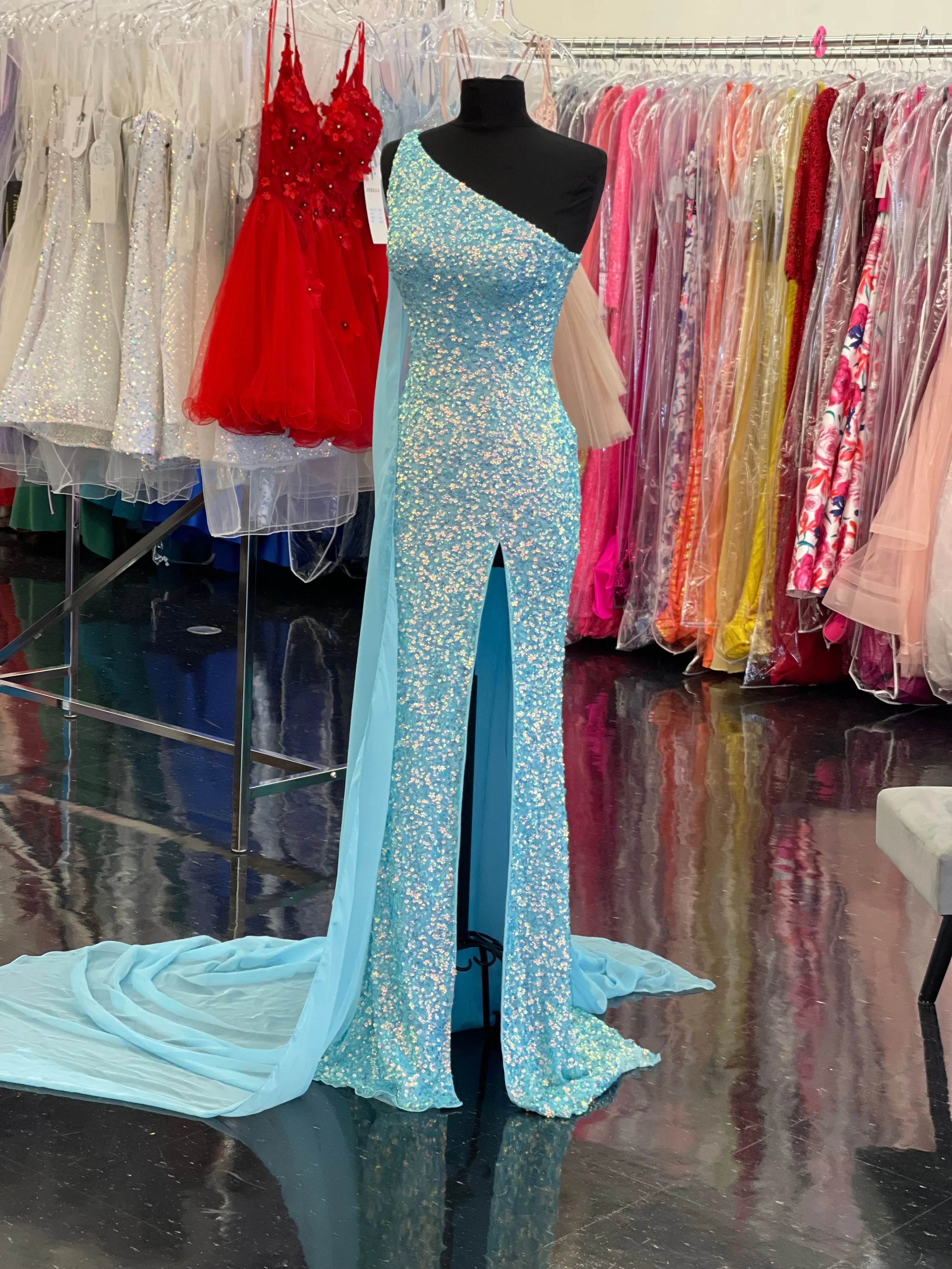 Ashley Lauren 11371 One Shoulder Prom Dress fully Sequence With Shoulder Cape