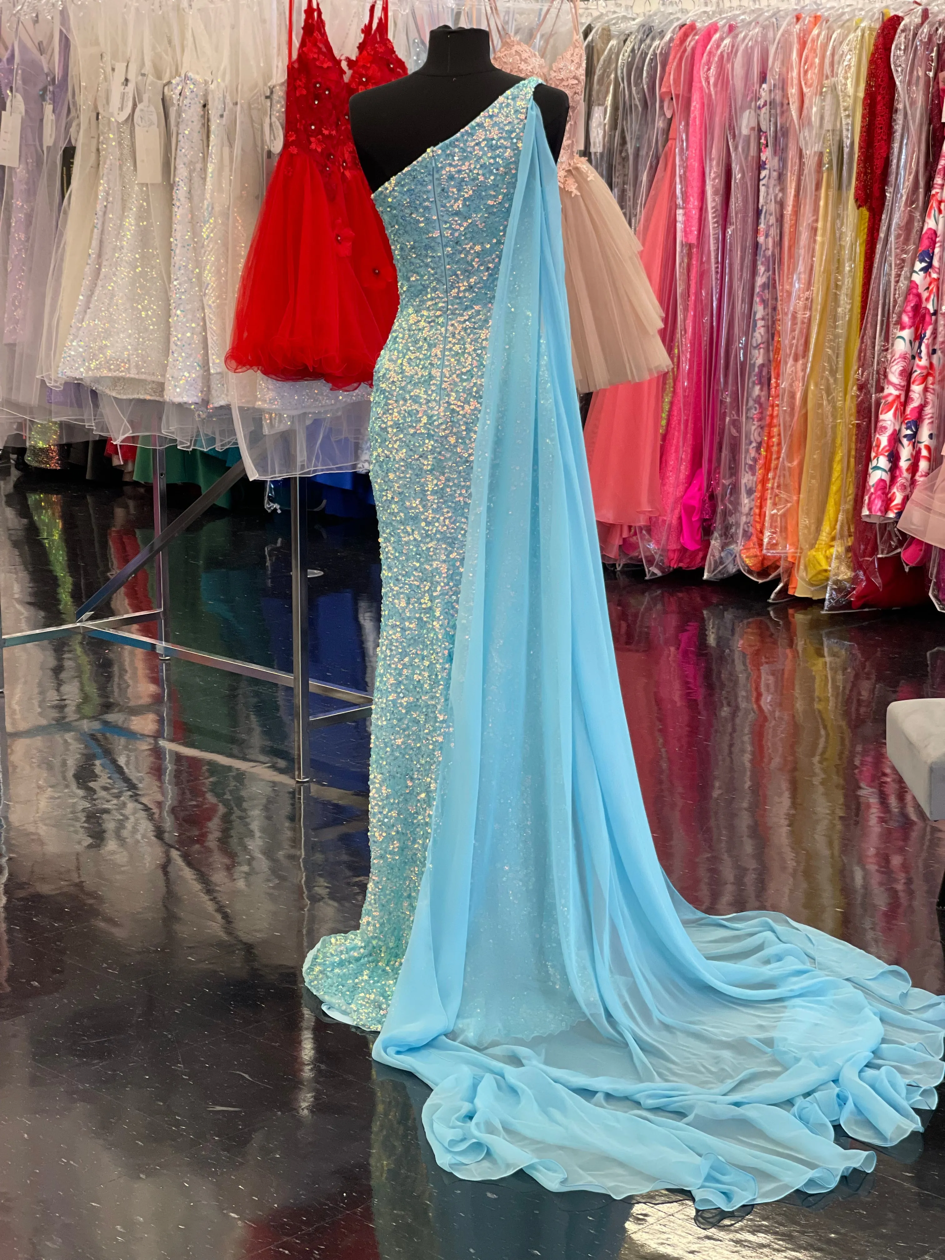 Ashley Lauren 11371 One Shoulder Prom Dress fully Sequence With Shoulder Cape
