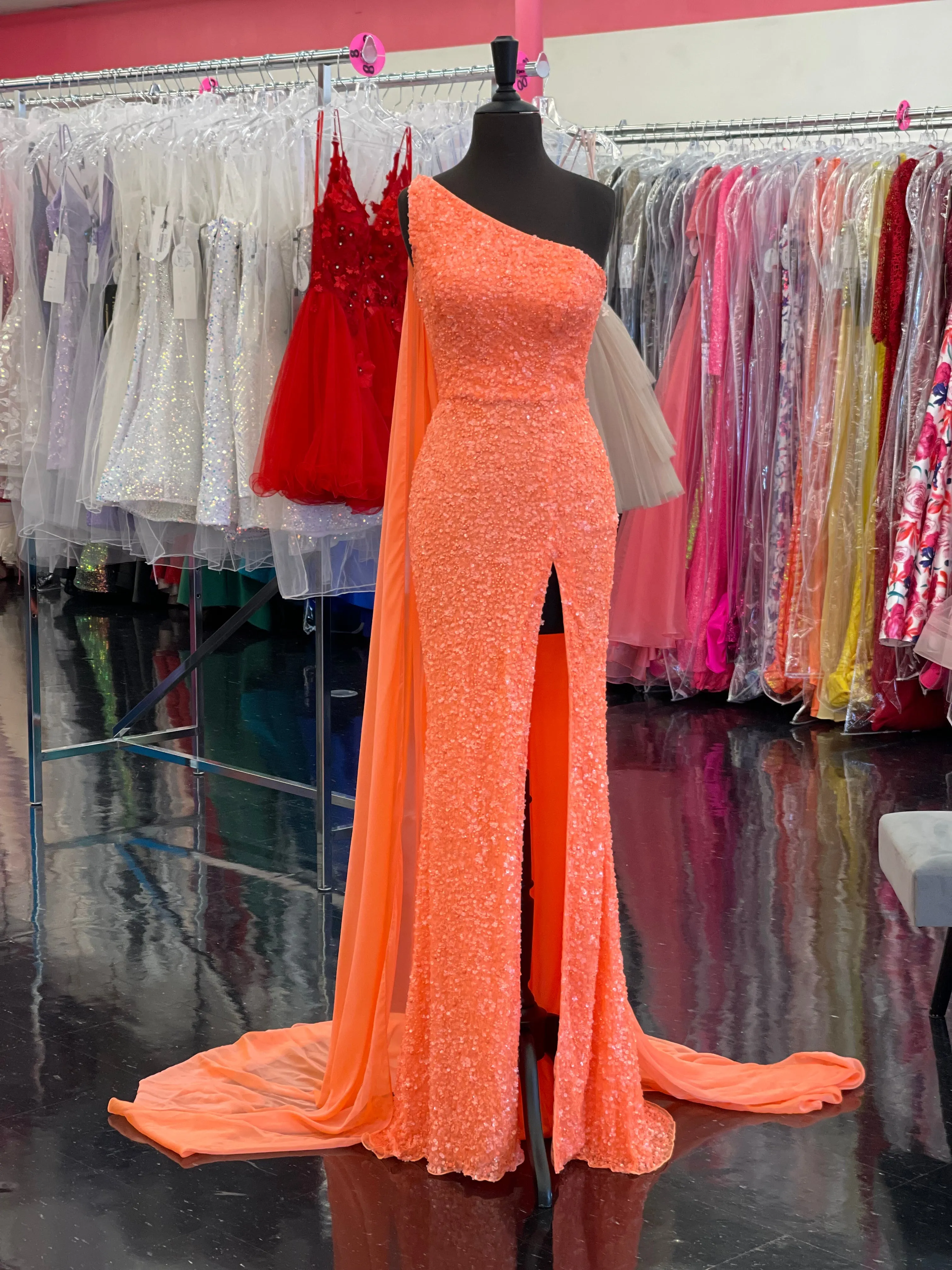 Ashley Lauren 11371 One Shoulder Prom Dress fully Sequence With Shoulder Cape