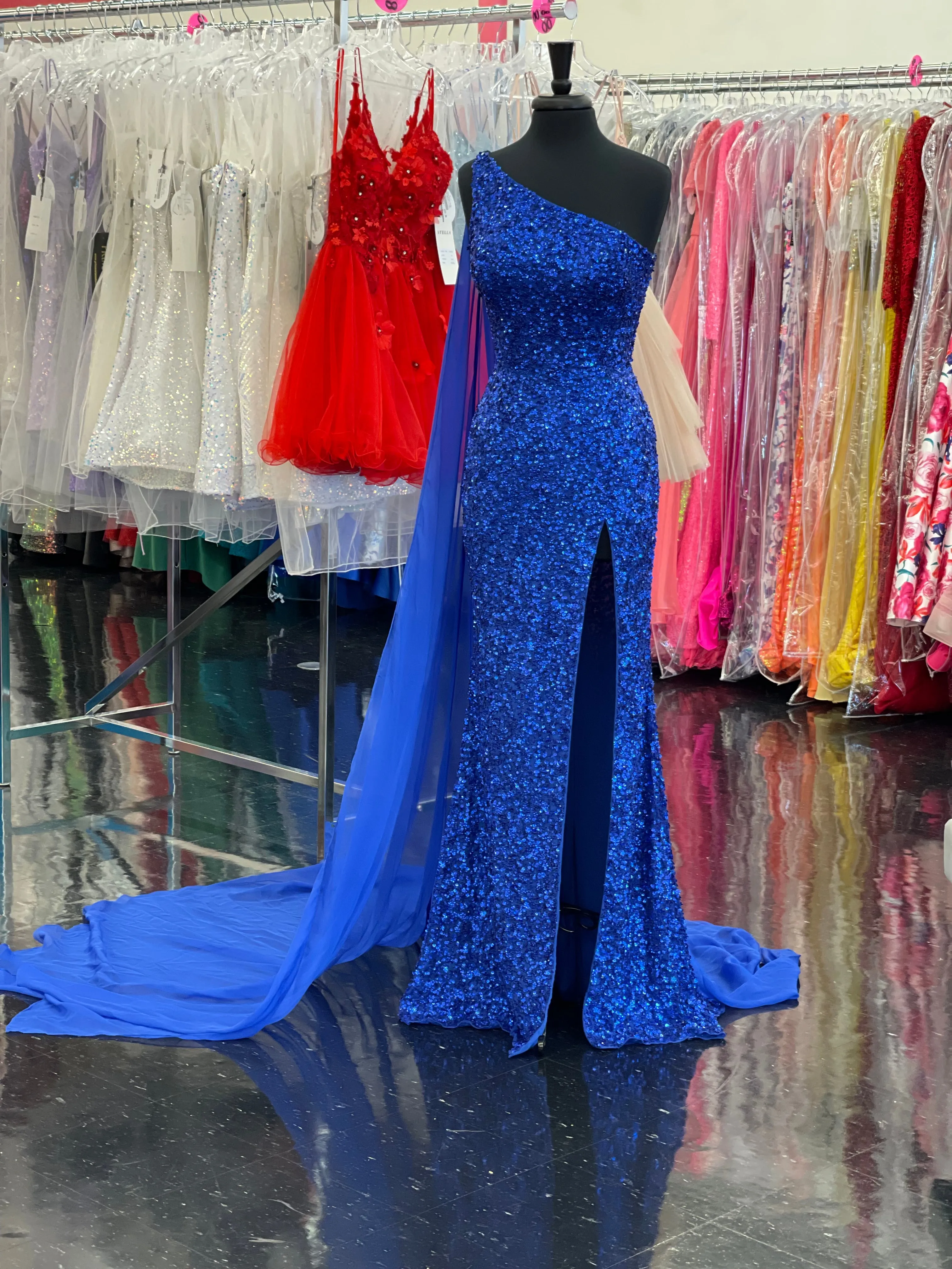 Ashley Lauren 11371 One Shoulder Prom Dress fully Sequence With Shoulder Cape