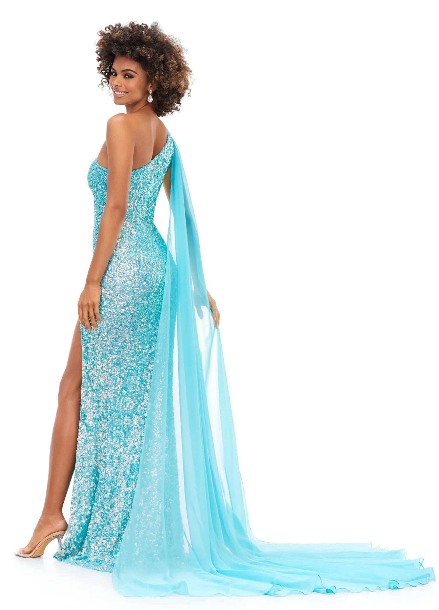 Ashley Lauren 11371 One Shoulder Prom Dress fully Sequence With Shoulder Cape