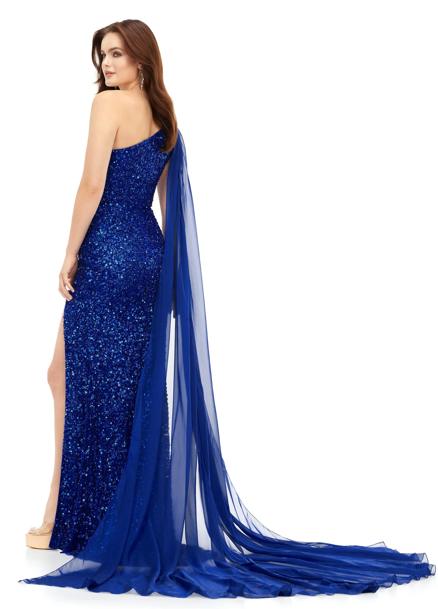 Ashley Lauren 11371 One Shoulder Prom Dress fully Sequence With Shoulder Cape