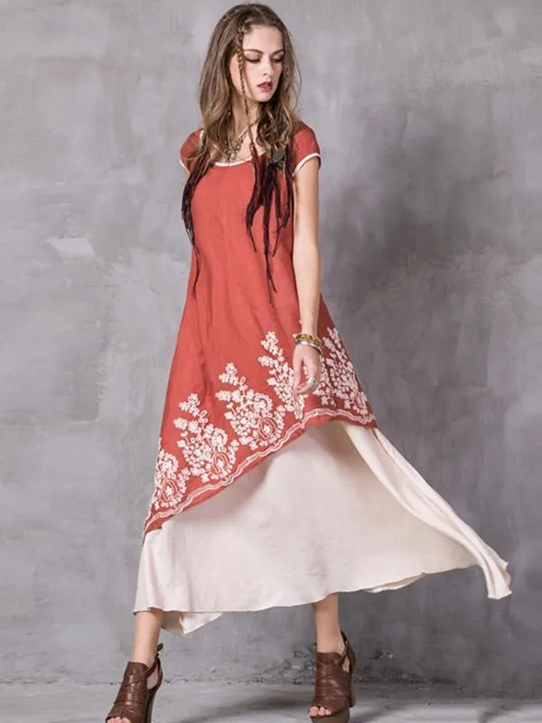 Asymmetric Embroidered Maxi Dress