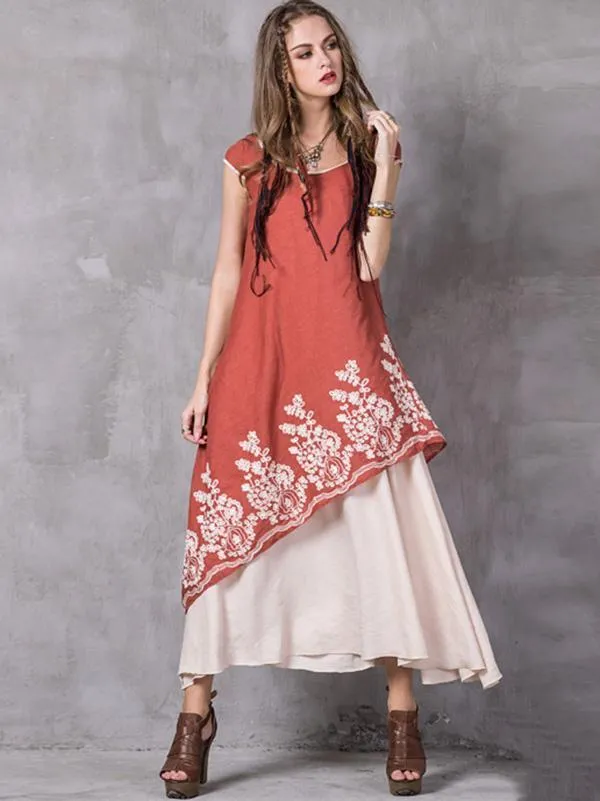 Asymmetric Embroidered Maxi Dress