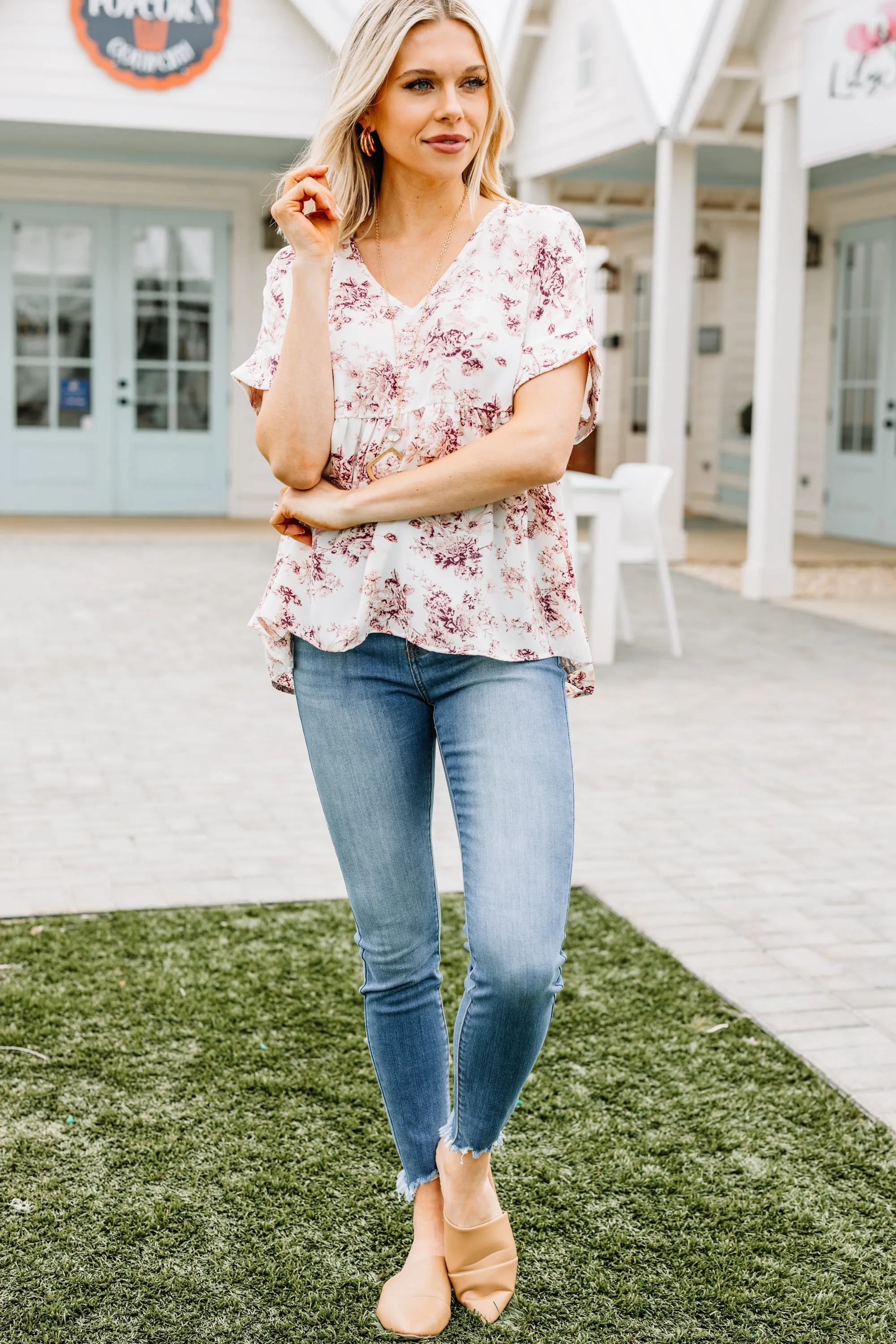 At This Level Cream White Floral Babydoll Top