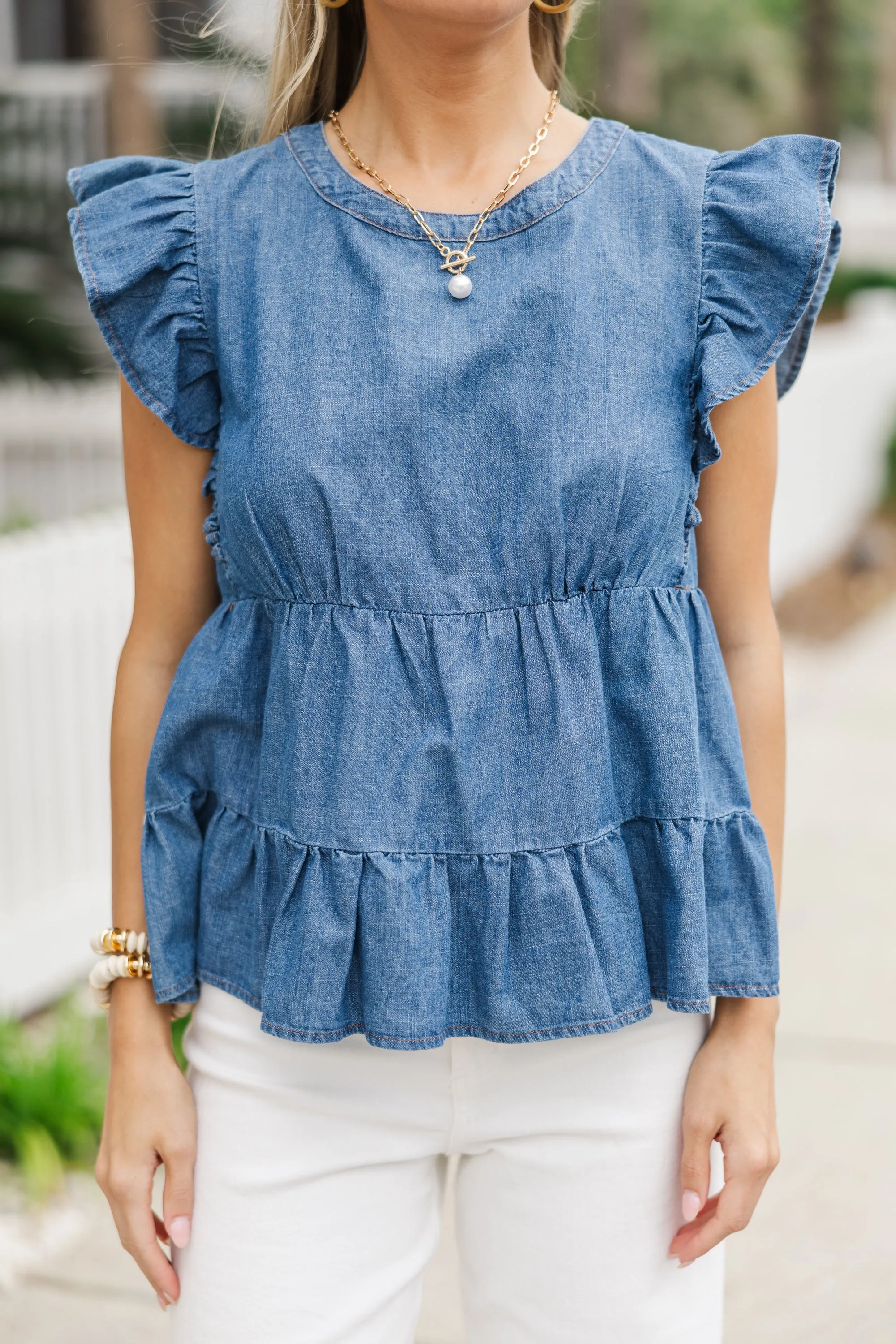 Be Back Later Dark Wash Chambray Ruffled Blouse