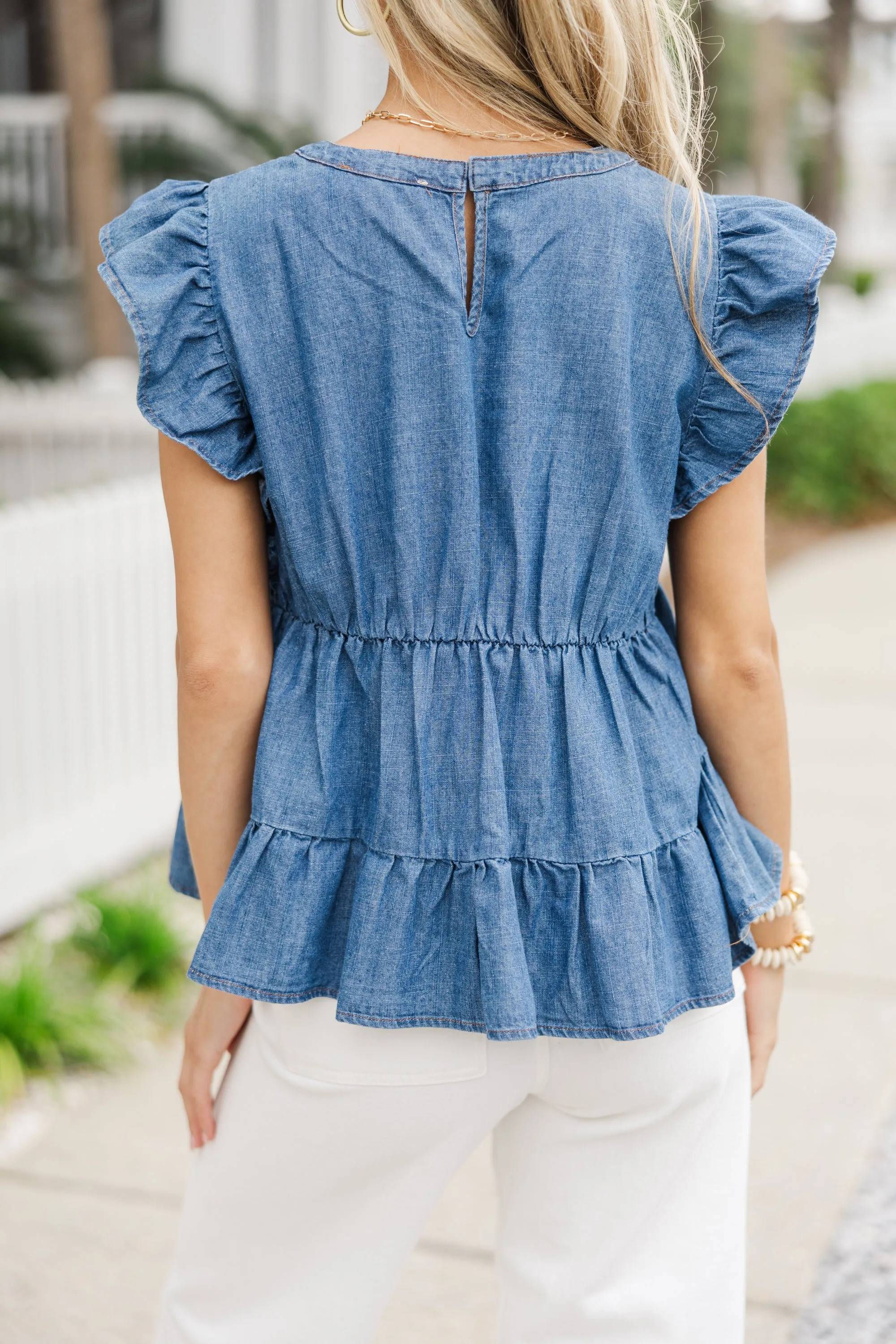 Be Back Later Dark Wash Chambray Ruffled Blouse