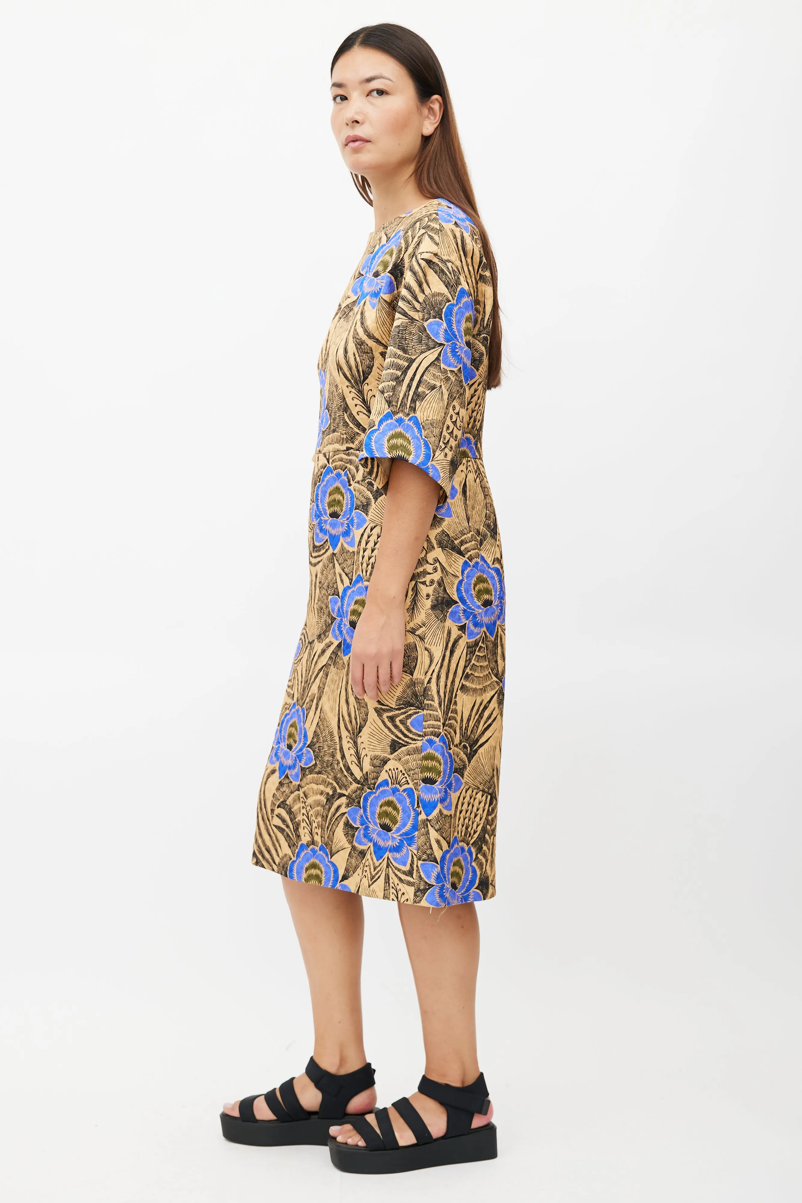 Beige & Multicolour Quilted Floral Dress