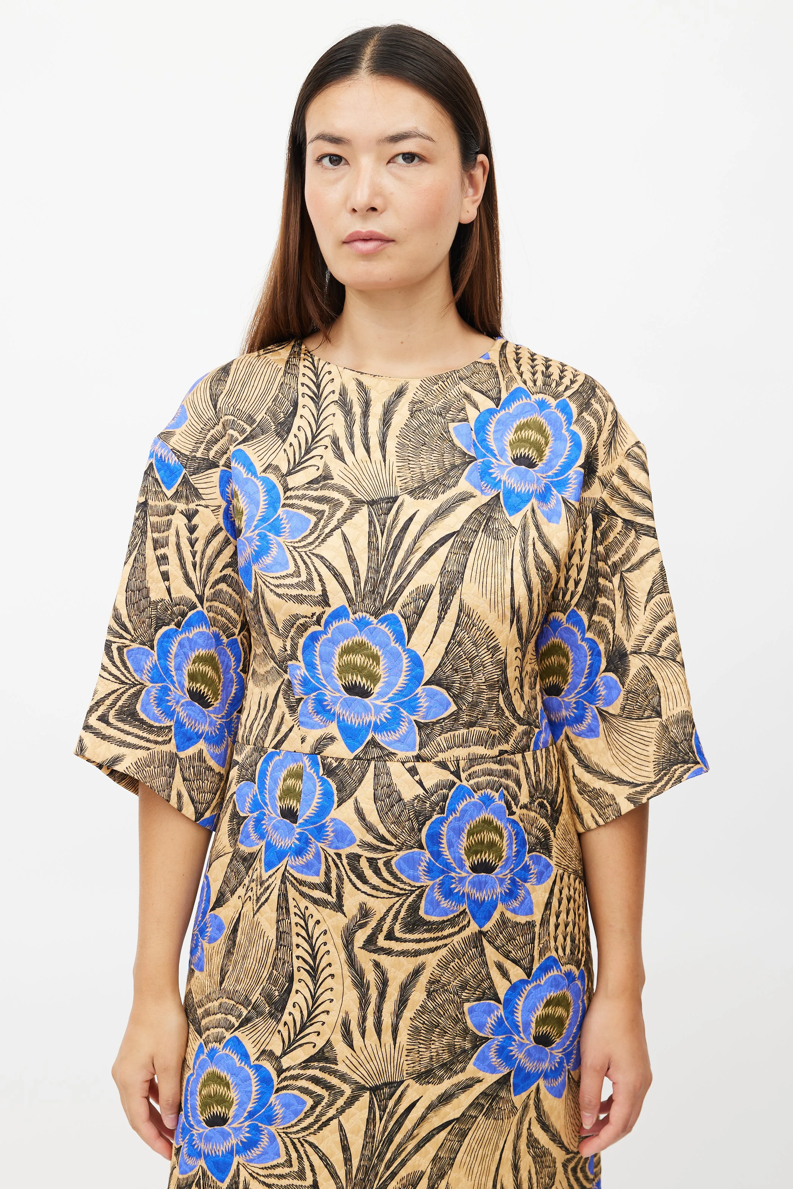 Beige & Multicolour Quilted Floral Dress