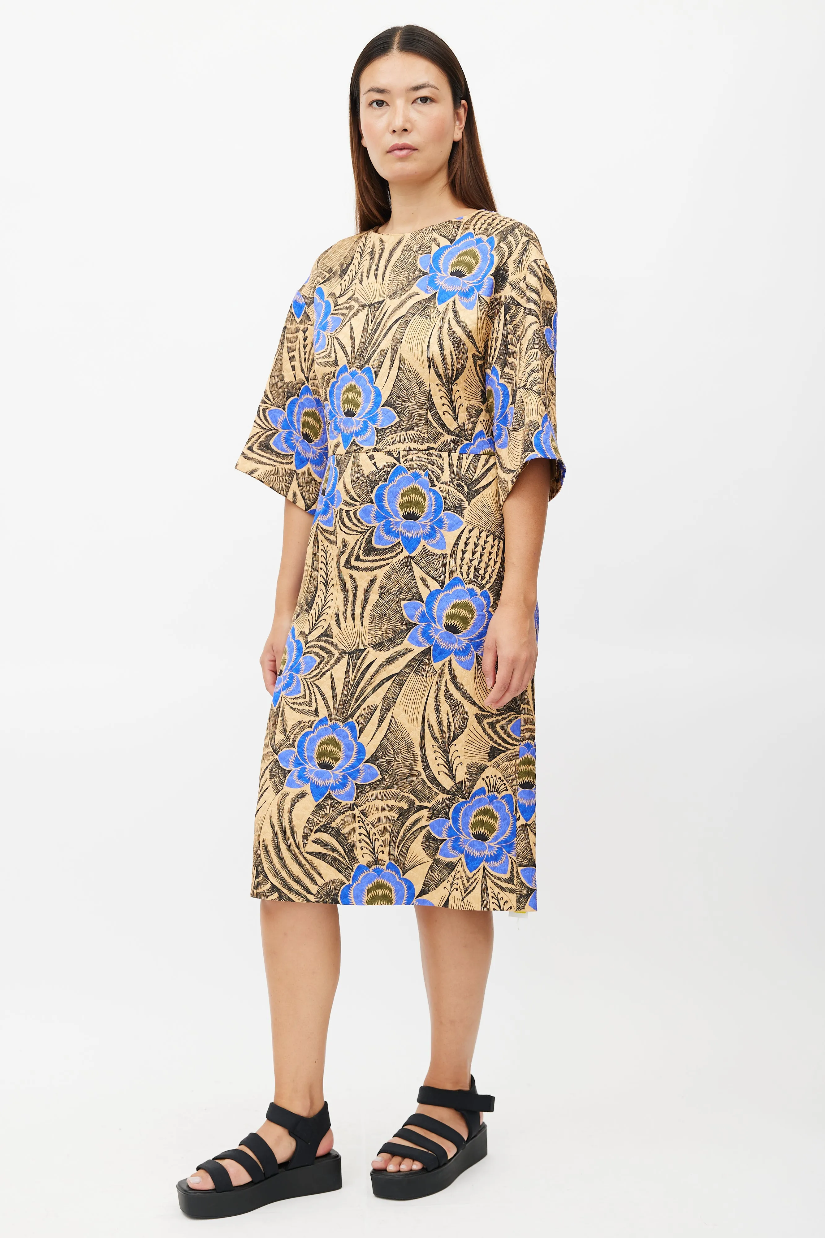 Beige & Multicolour Quilted Floral Dress