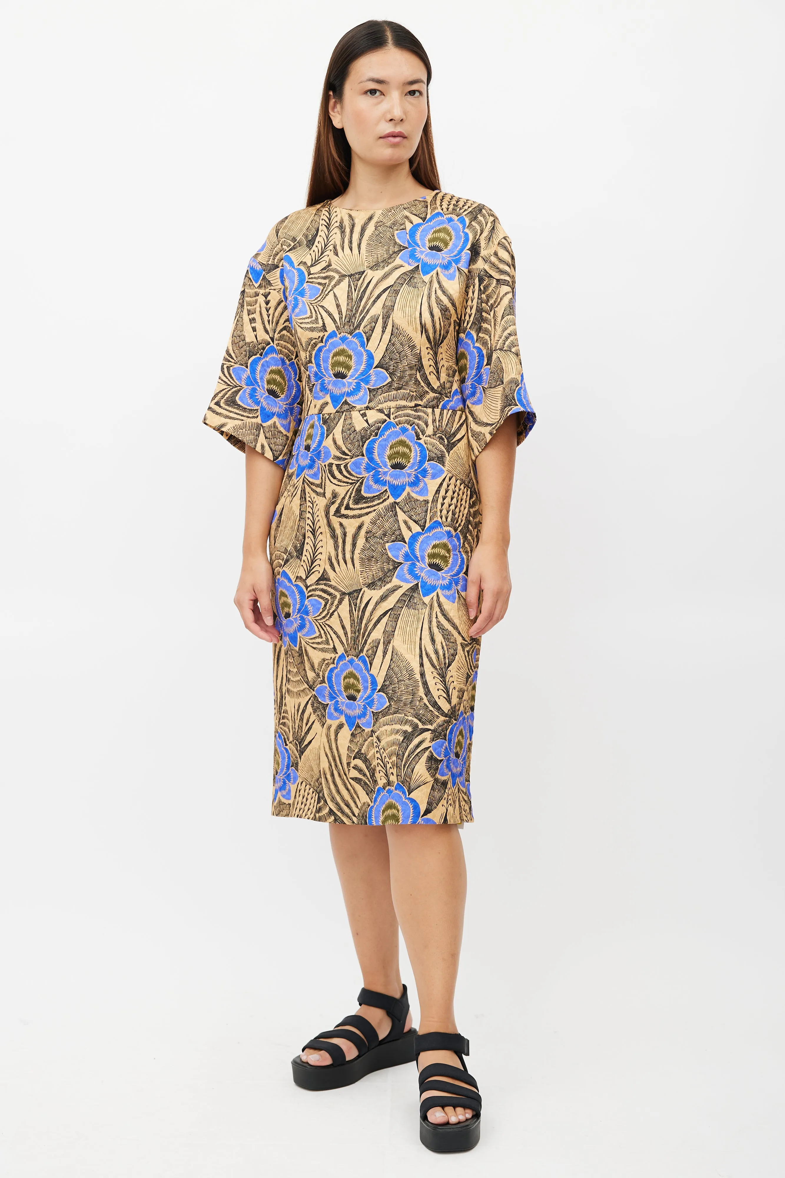 Beige & Multicolour Quilted Floral Dress