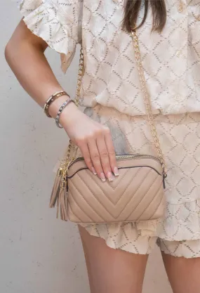 Beige and Gold PU Leather Tassel Cross-Body Chain Bag