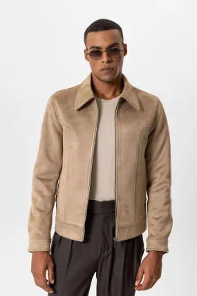 Beige Crop Fit Suede Men's Jackets - Wessi