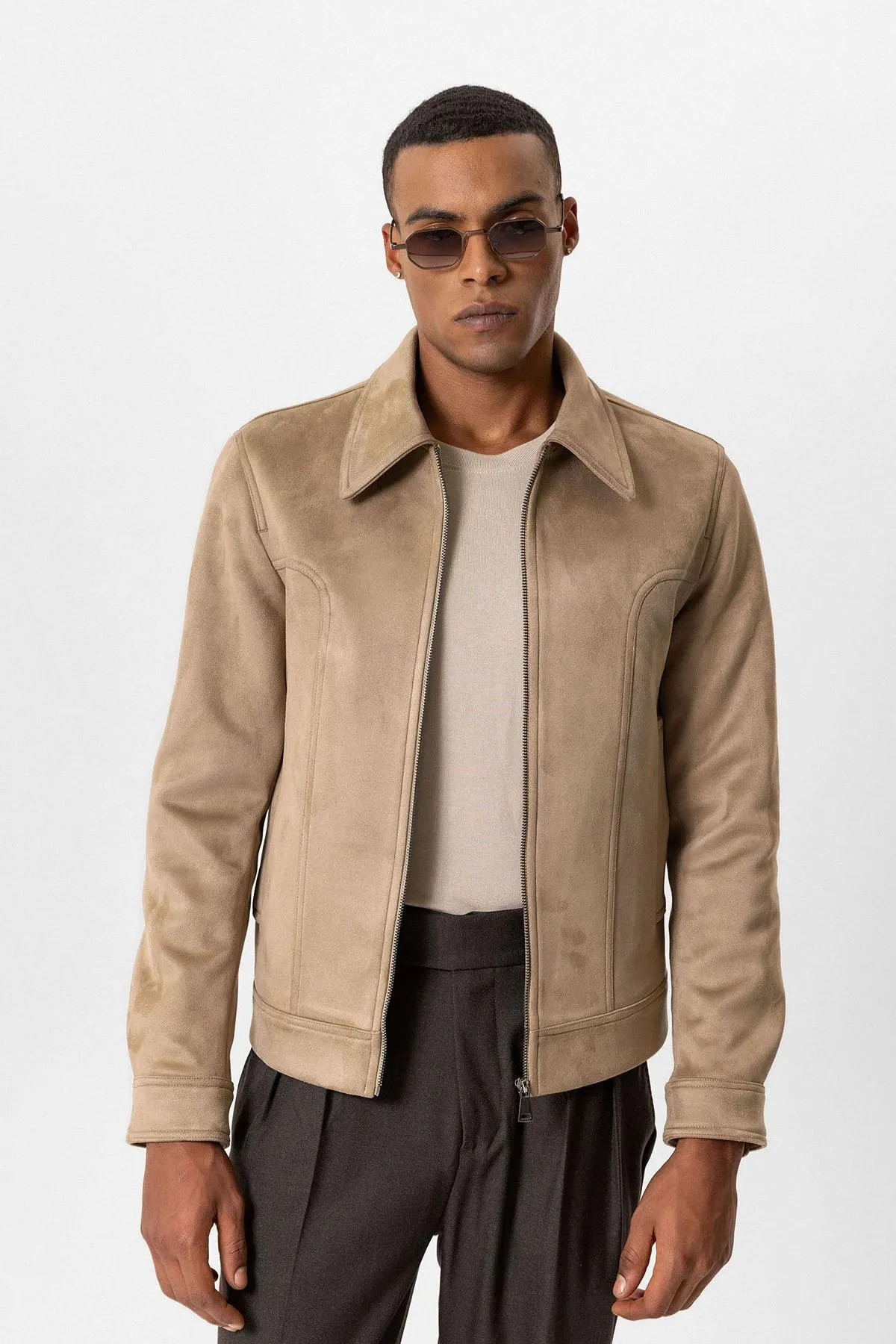 Beige Crop Fit Suede Men's Jackets - Wessi