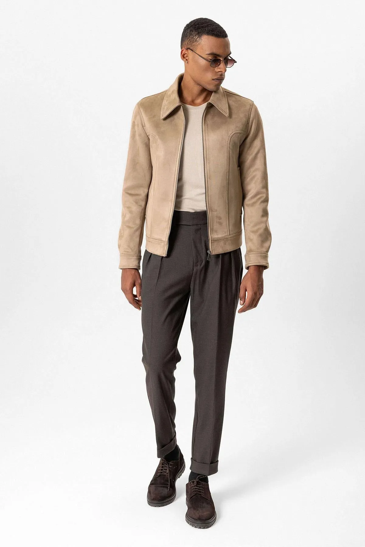 Beige Crop Fit Suede Men's Jackets - Wessi