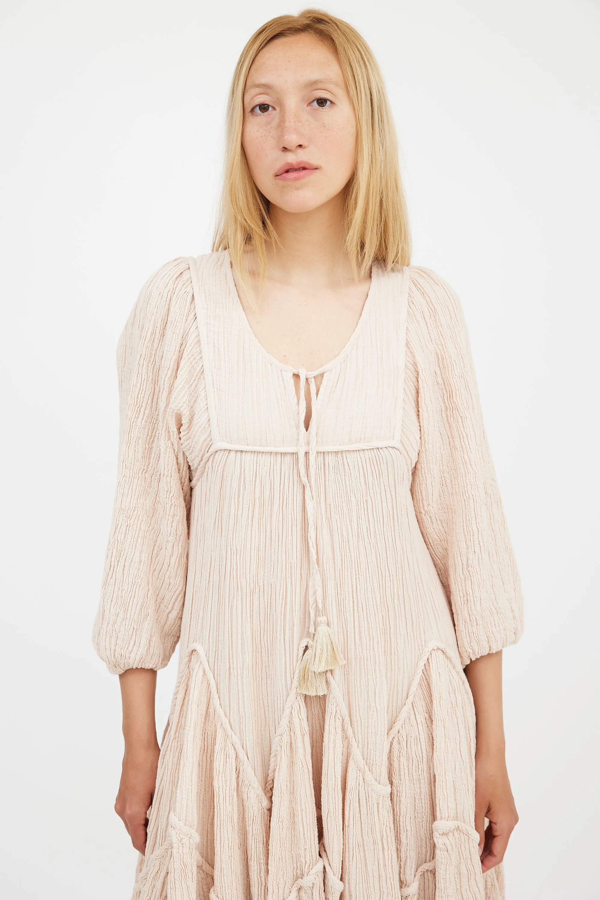 Beige Tiered Crinkle Bayou Dress