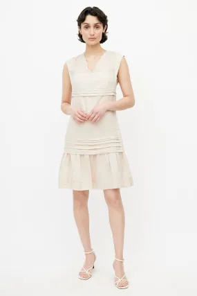 Beige V-Neck Pleated Dress