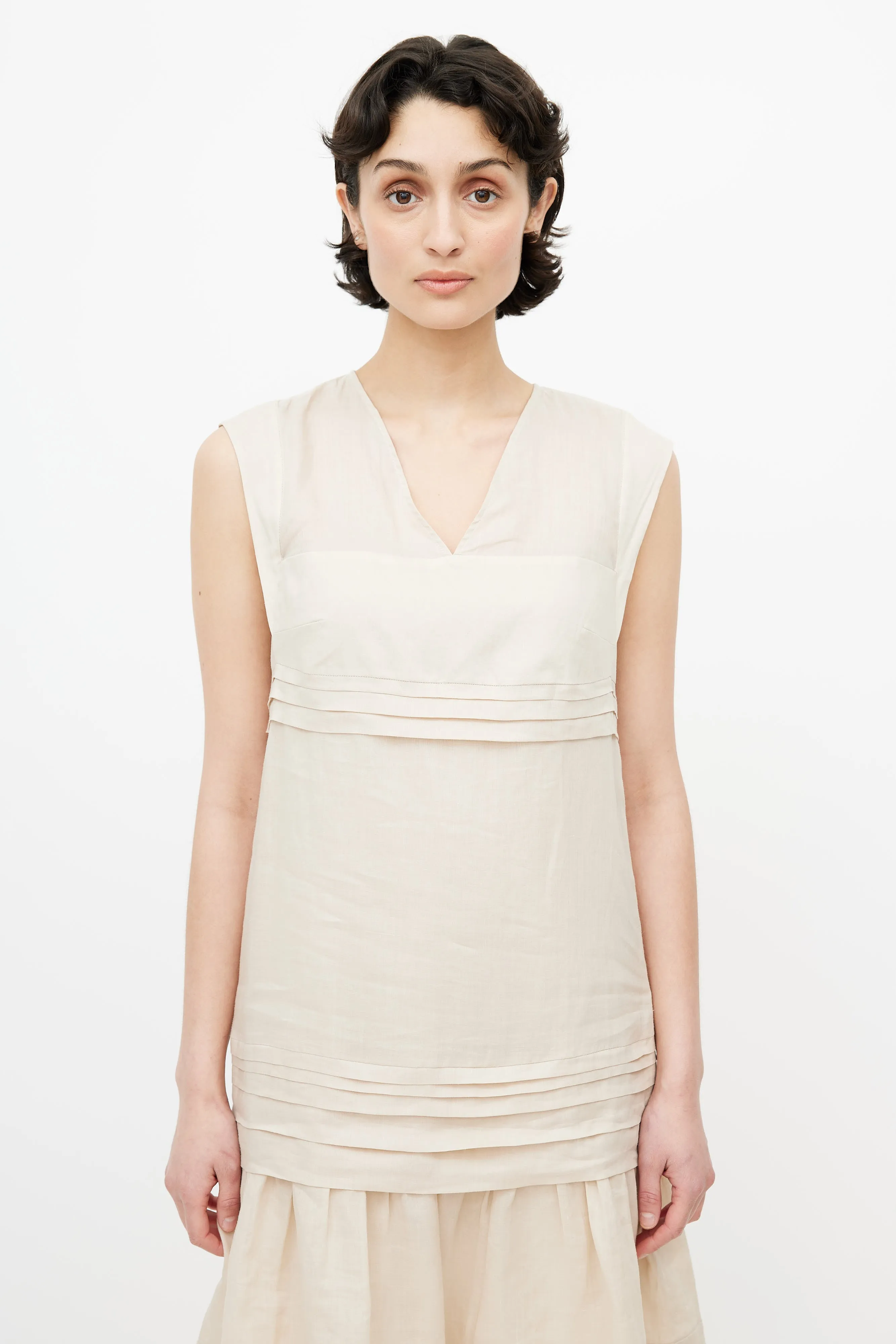 Beige V-Neck Pleated Dress
