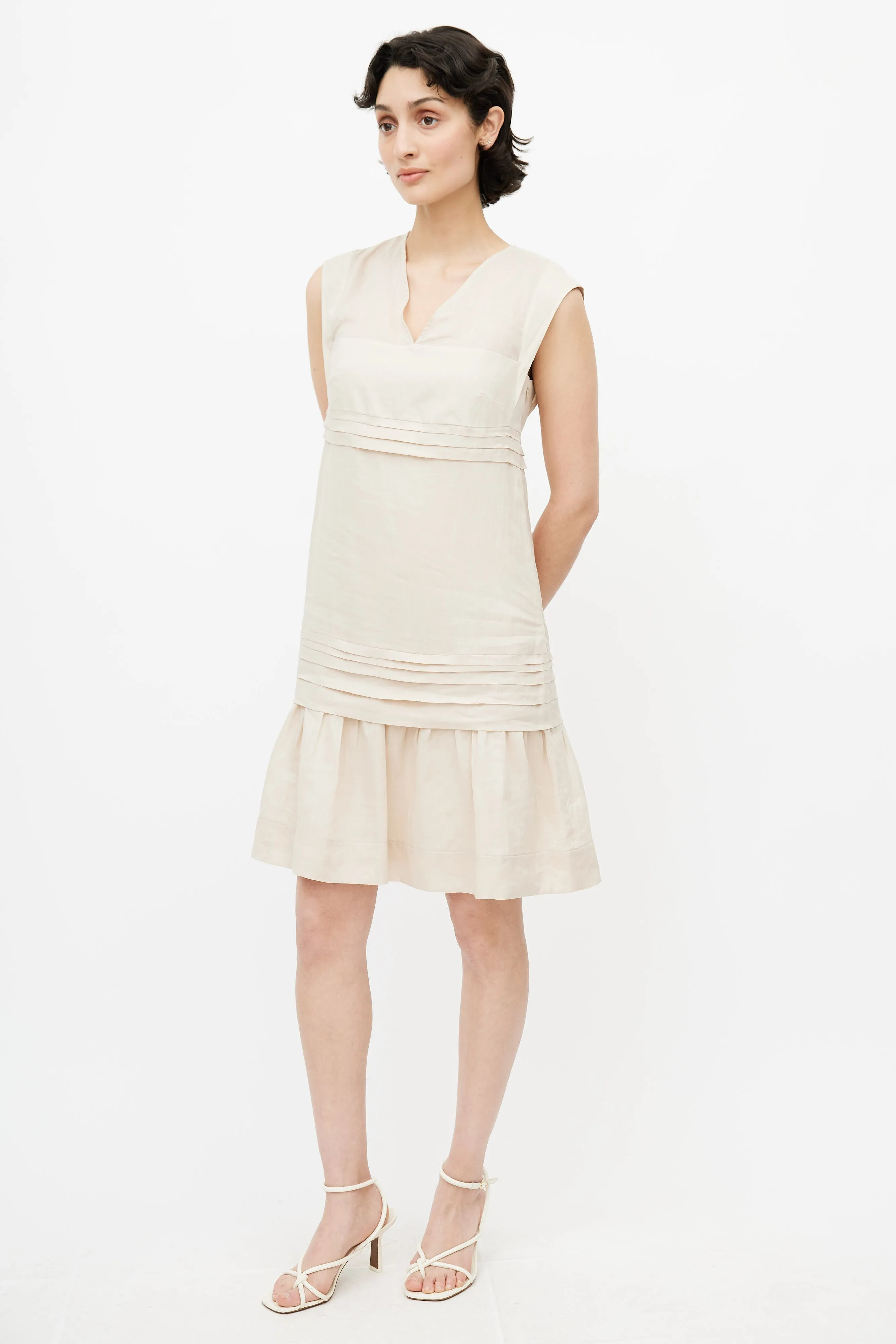 Beige V-Neck Pleated Dress