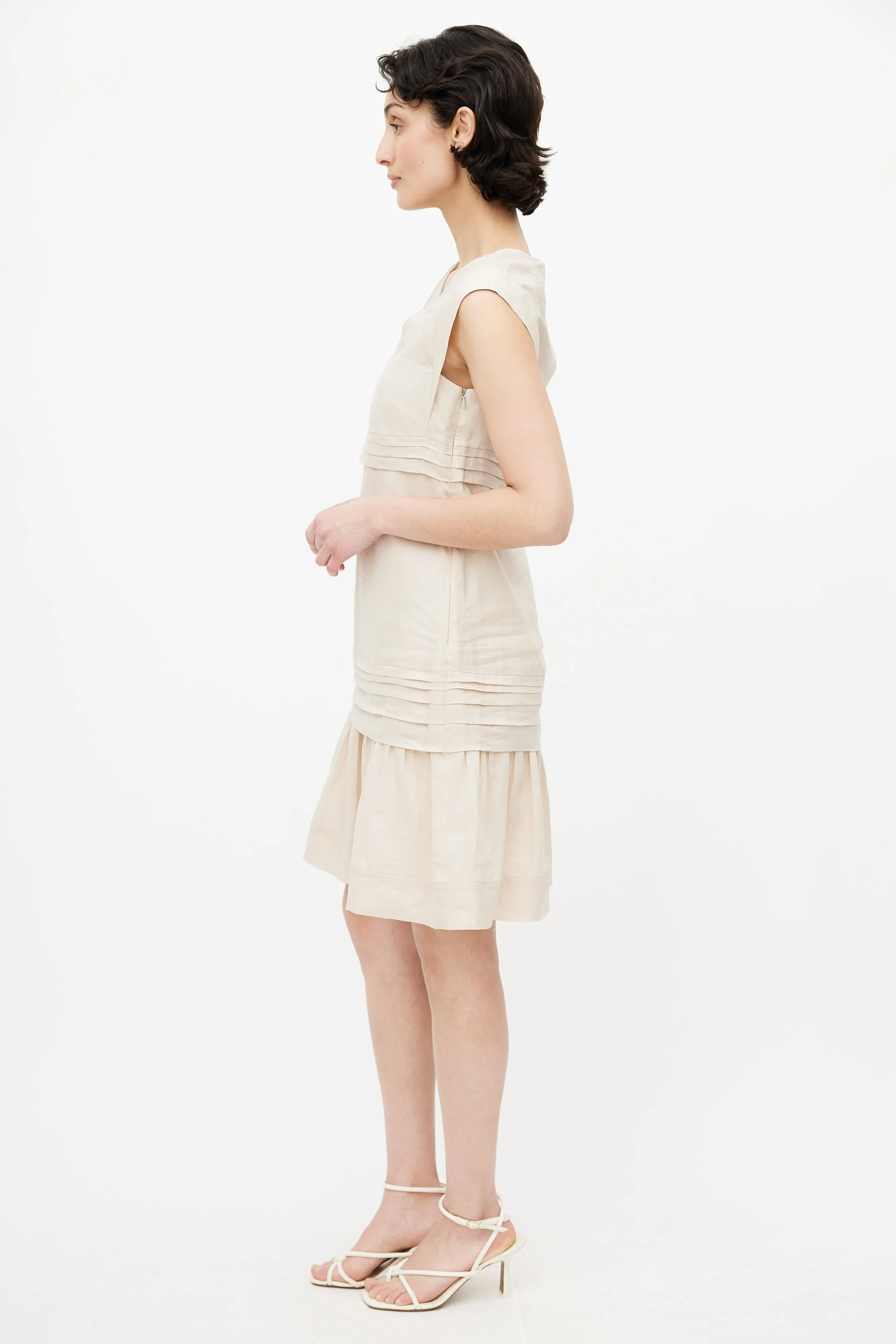Beige V-Neck Pleated Dress