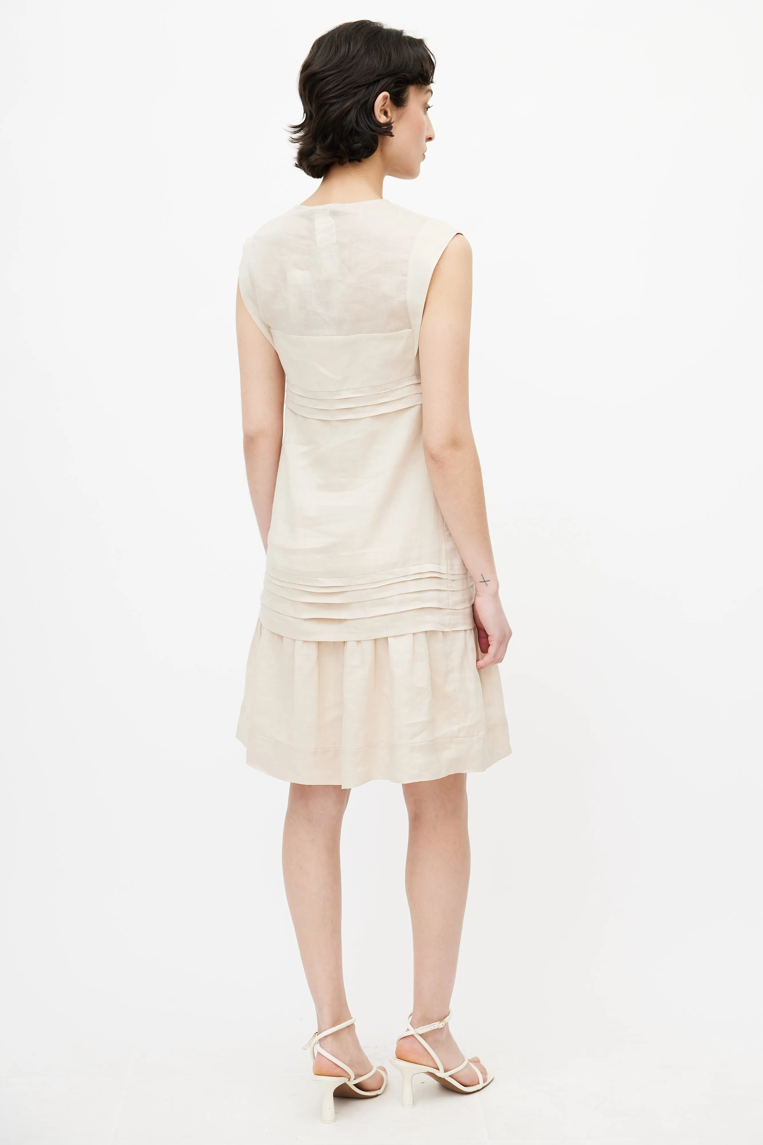 Beige V-Neck Pleated Dress
