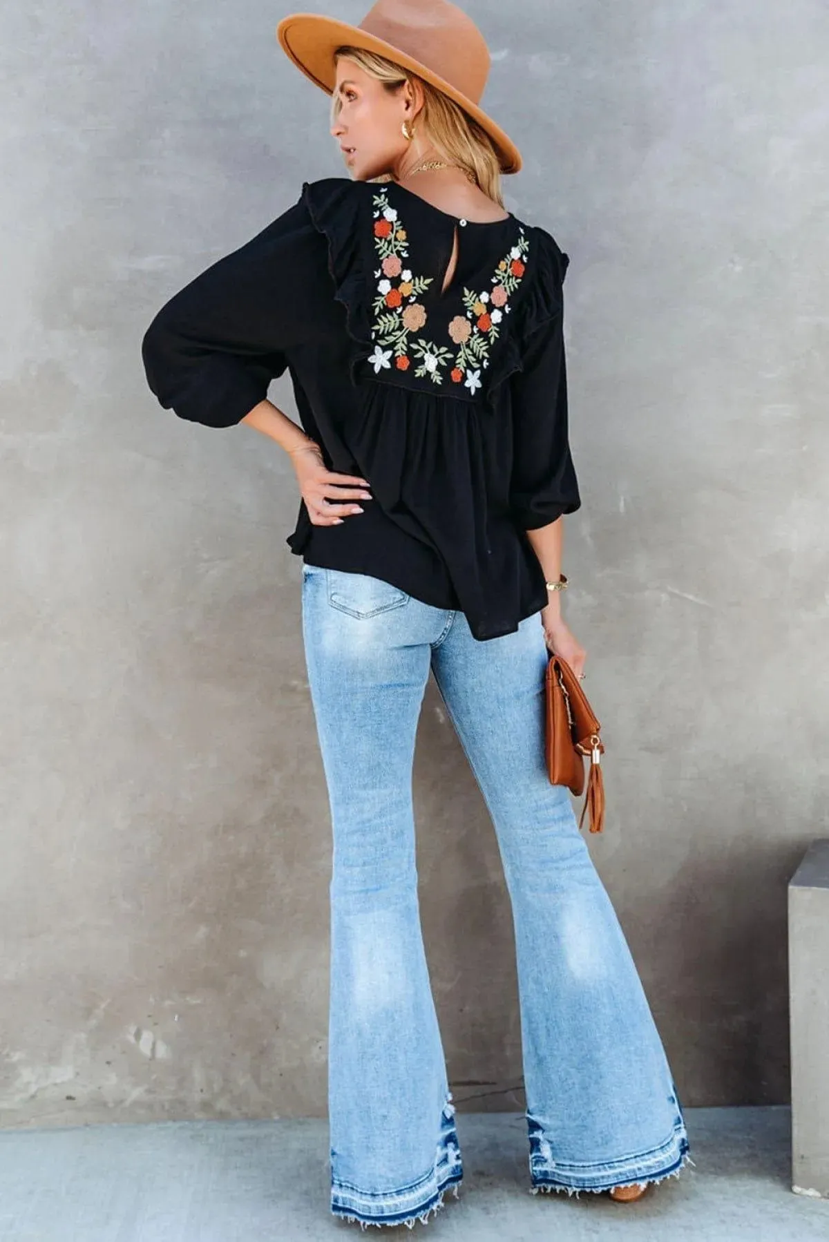 Black Bohemian Floral Embroidered Ruffled Babydoll Blouse
