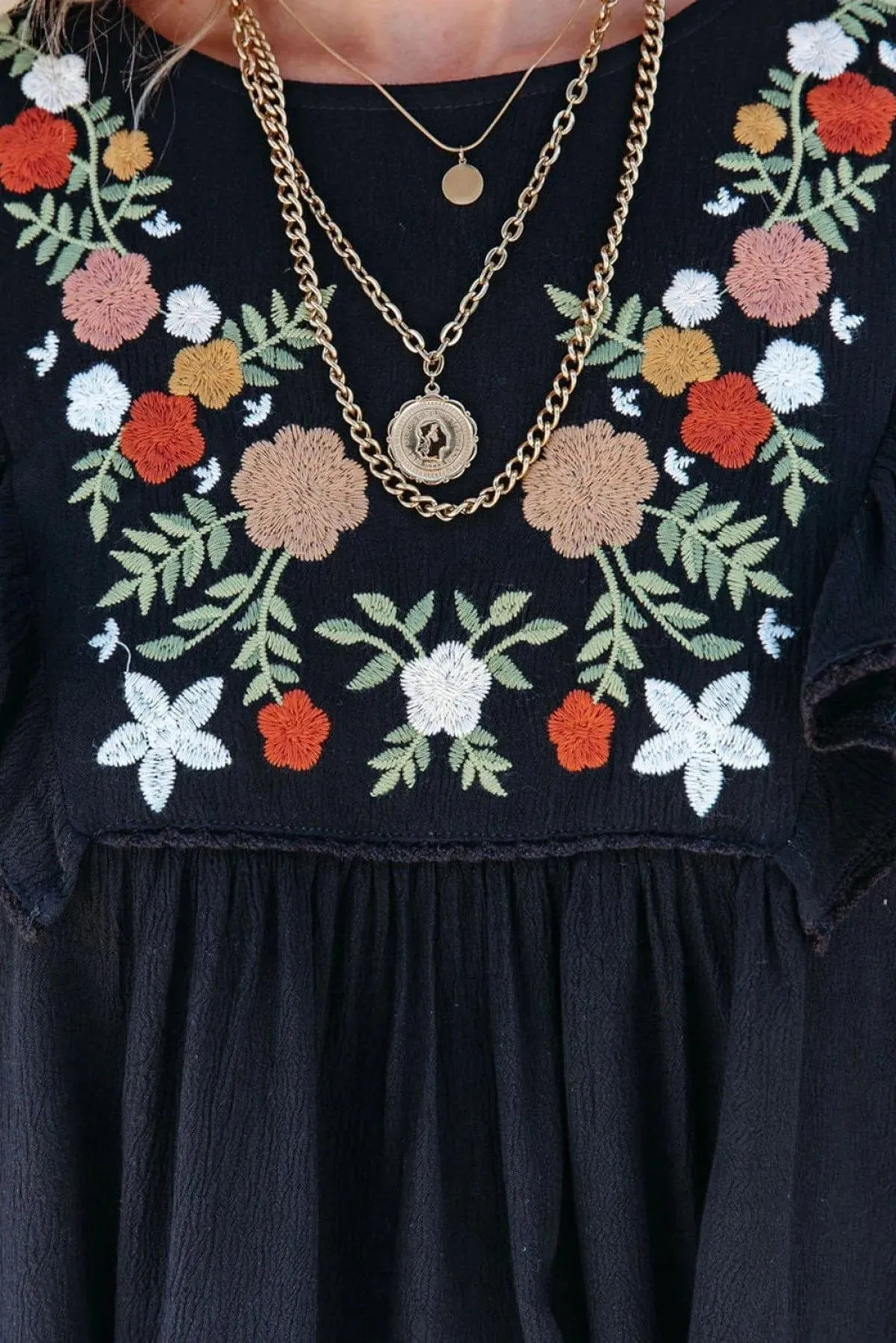 Black Bohemian Floral Embroidered Ruffled Babydoll Blouse
