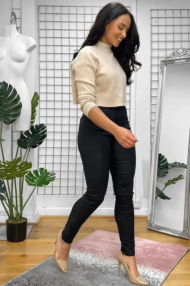 Black High Waisted Leather Coated Trousers