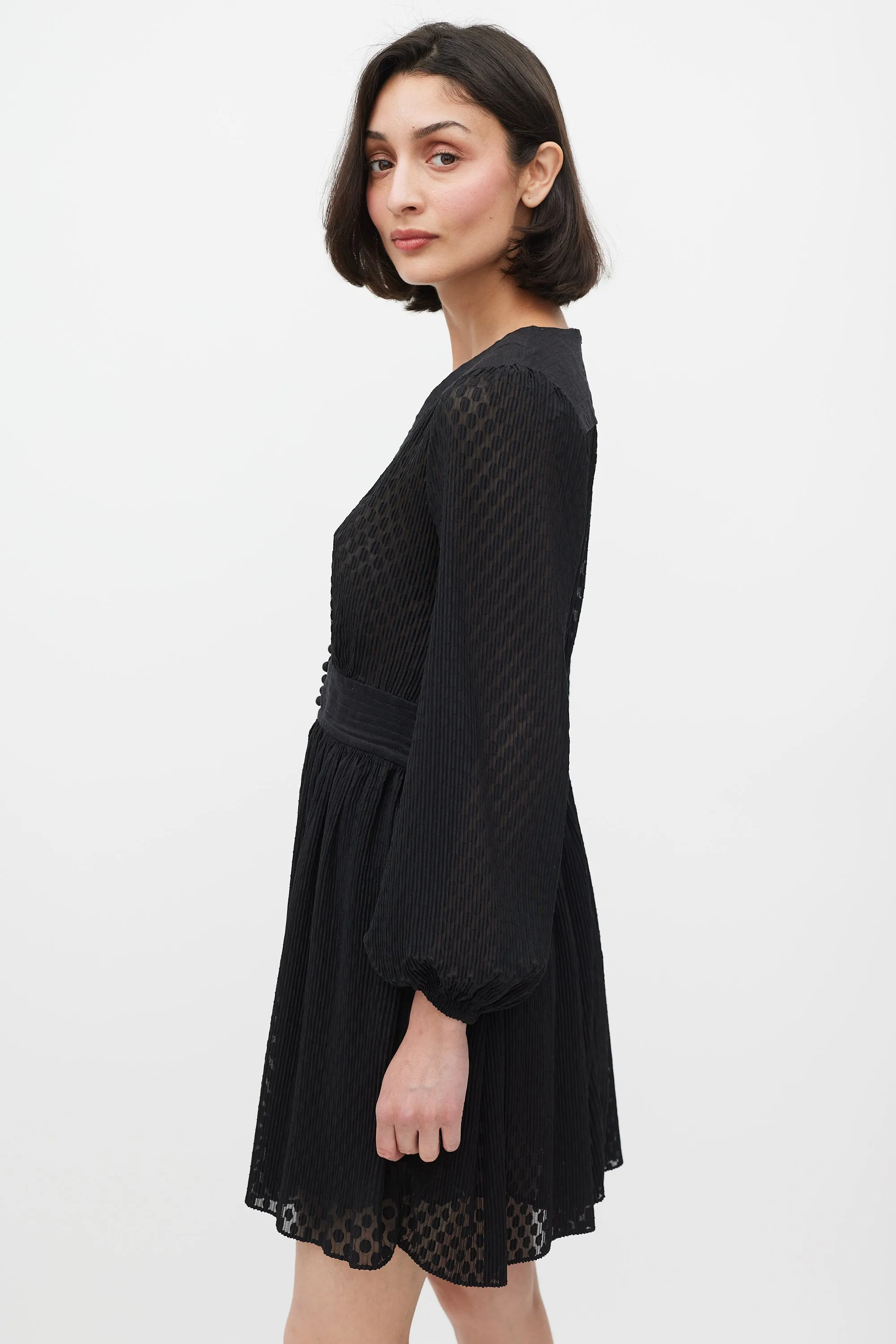 Black Polka Dot Fil Coupé V-Neck Dress