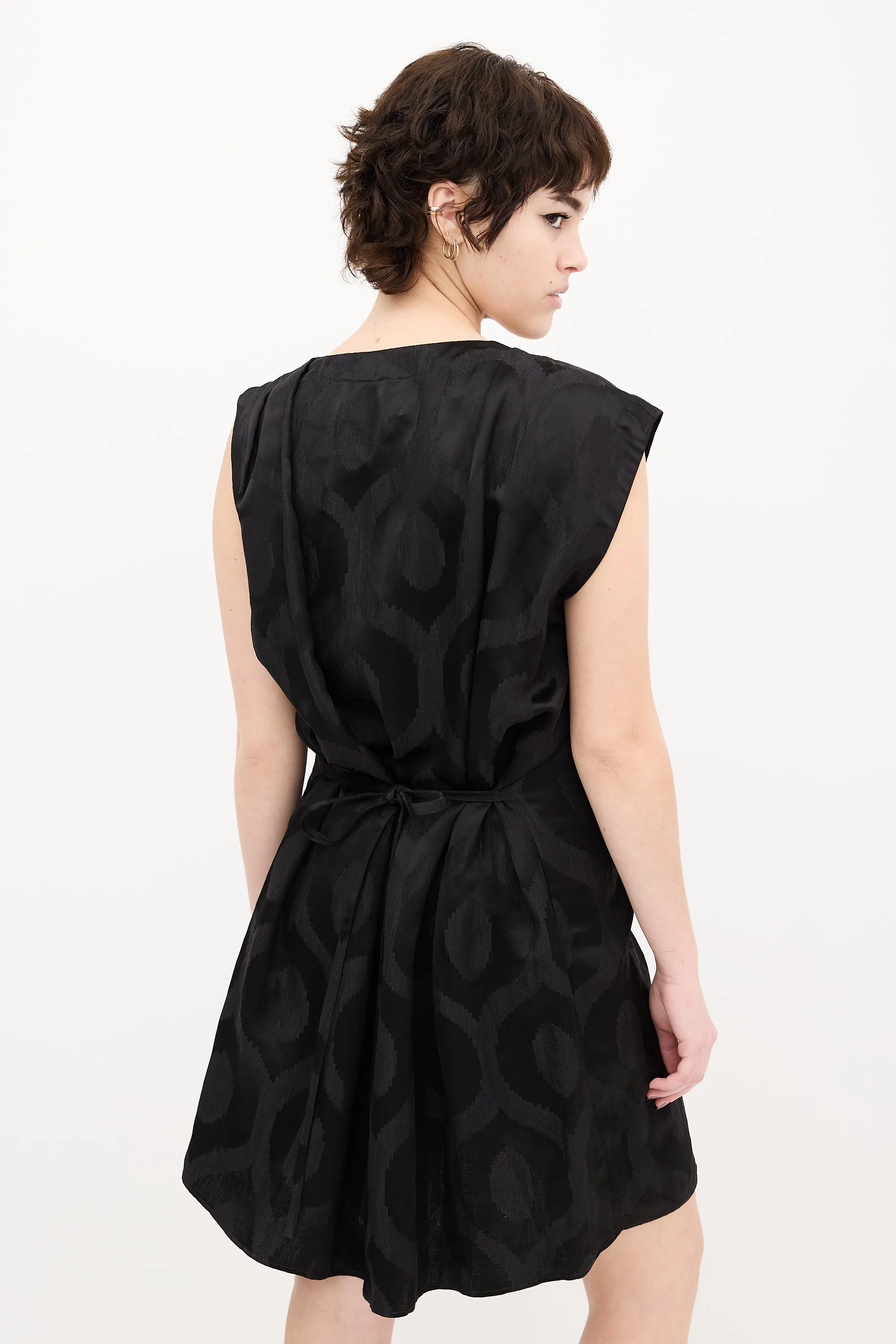 Black Satin Printed V-Neck Dress