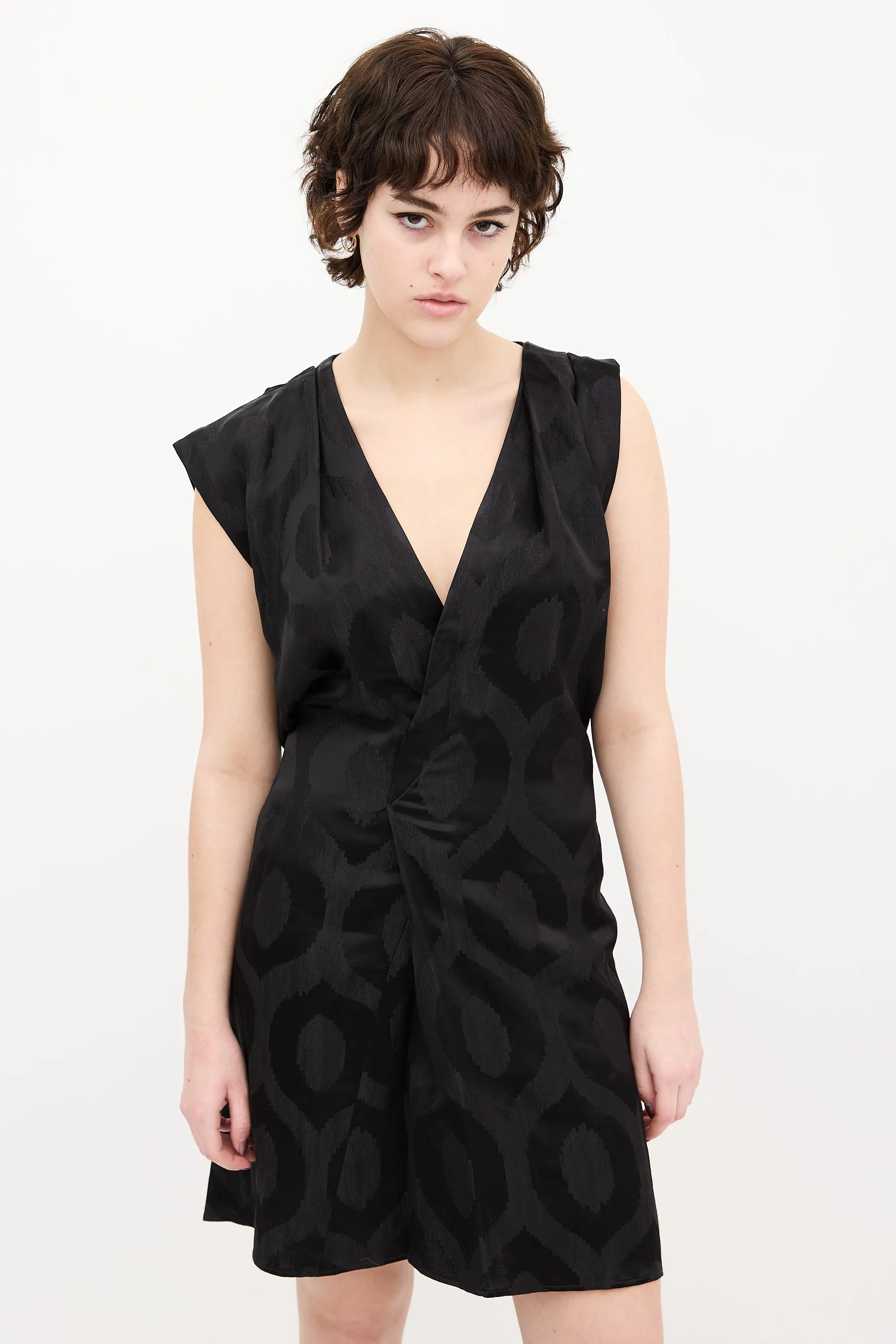 Black Satin Printed V-Neck Dress